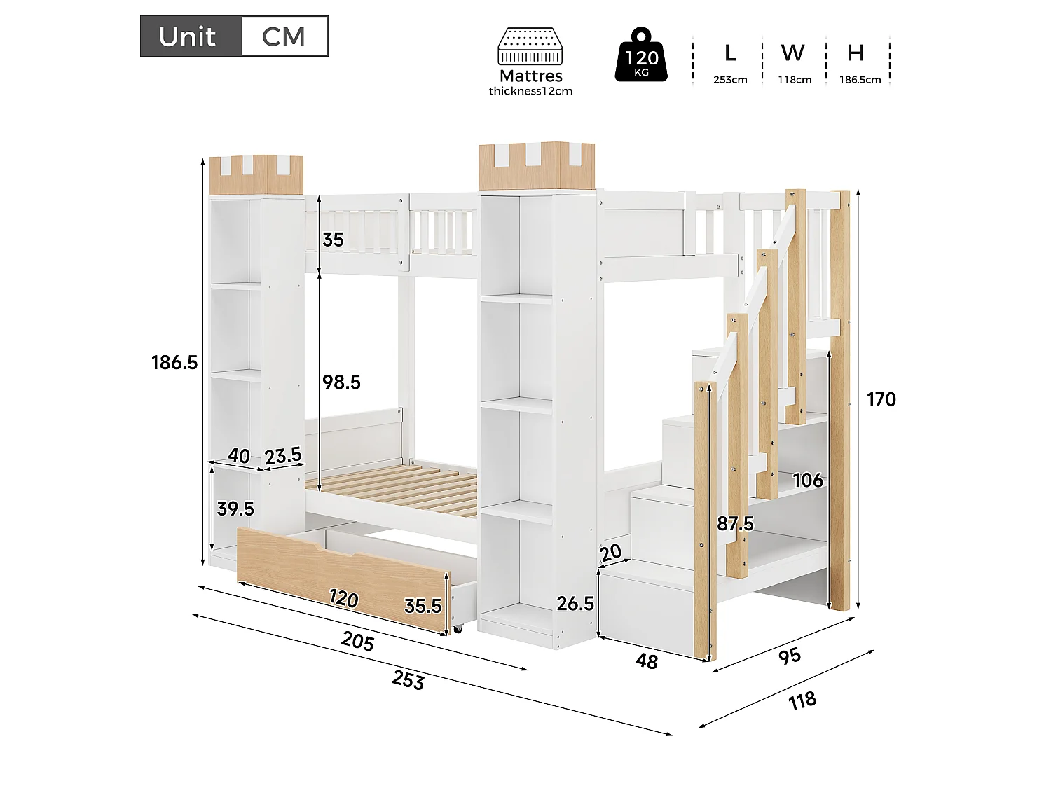 Lit superposé enfant 90x200 cm - Avec 1 tiroir, barrières de sécurité et escalier de rangement - Blanc et naturel (sans matelas)