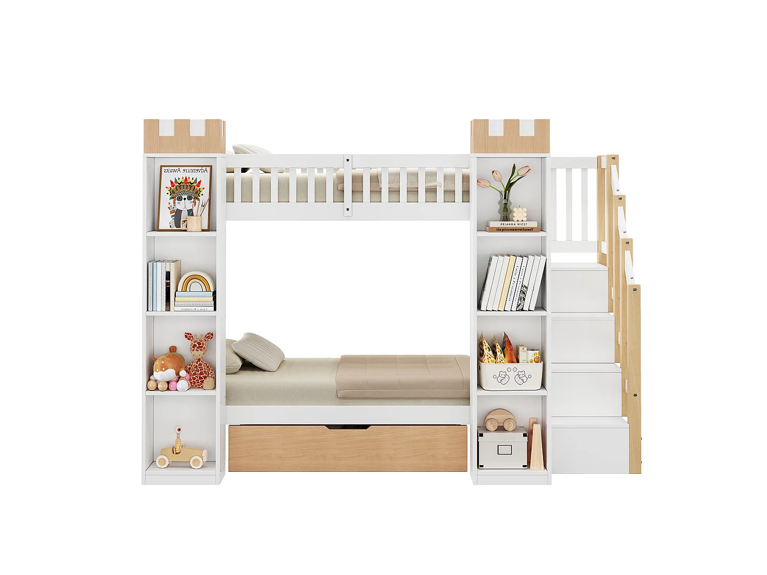 Lit superposé enfant 90x200 cm - Avec 1 tiroir, barrières de sécurité et escalier de rangement - Blanc et naturel (sans matelas)