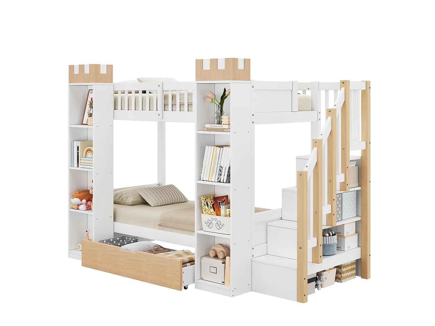 Lit superposé enfant 90x200 cm - Avec 1 tiroir, barrières de sécurité et escalier de rangement - Blanc et naturel (sans matelas)