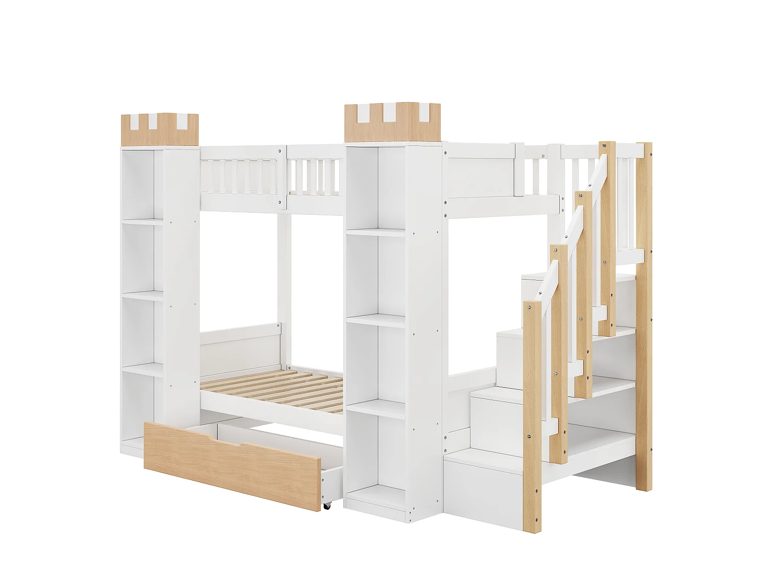 Lit superposé enfant 90x200 cm - Avec 1 tiroir, barrières de sécurité et escalier de rangement - Blanc et naturel (sans matelas)