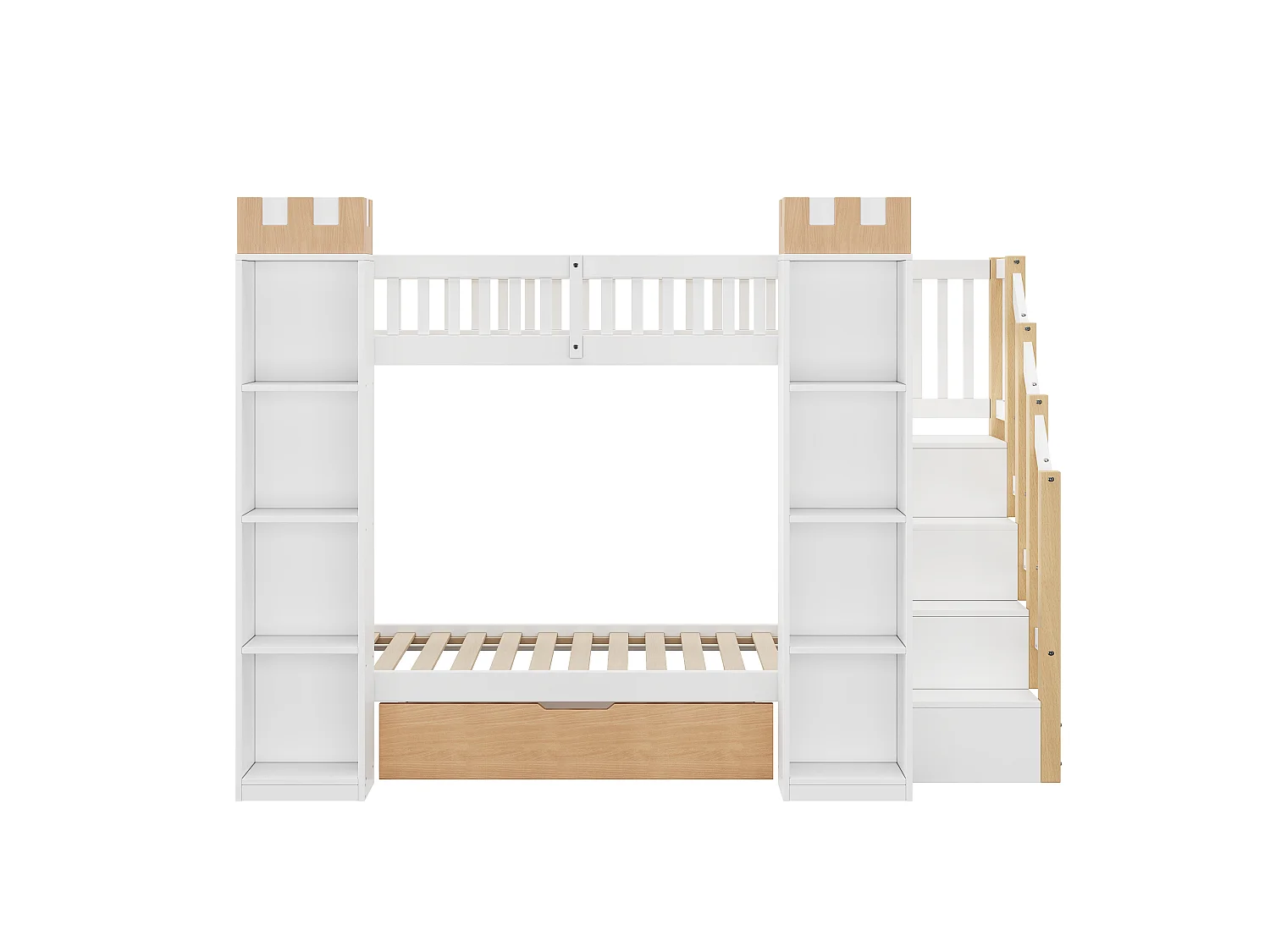 Lit superposé enfant 90x200 cm - Avec 1 tiroir, barrières de sécurité et escalier de rangement - Blanc et naturel (sans matelas)