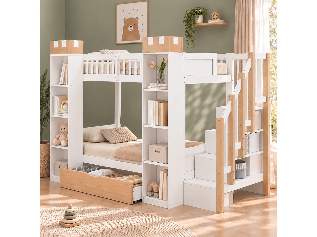 Lit superposé enfant 90x200 cm - Avec 1 tiroir, barrières de sécurité et escalier de rangement - Blanc et naturel (sans matelas)