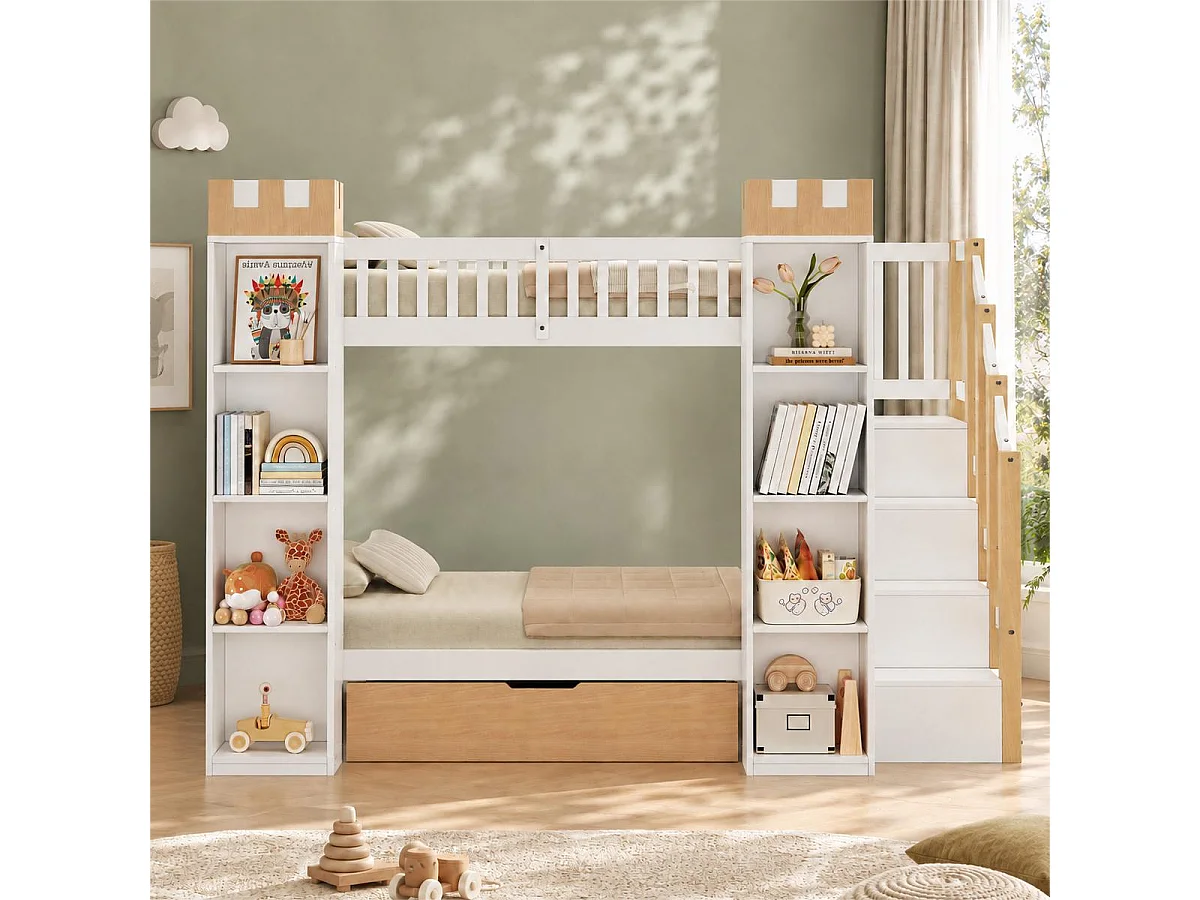 Lit superposé enfant 90x200 cm - Avec 1 tiroir, barrières de sécurité et escalier de rangement - Blanc et naturel (sans matelas)
