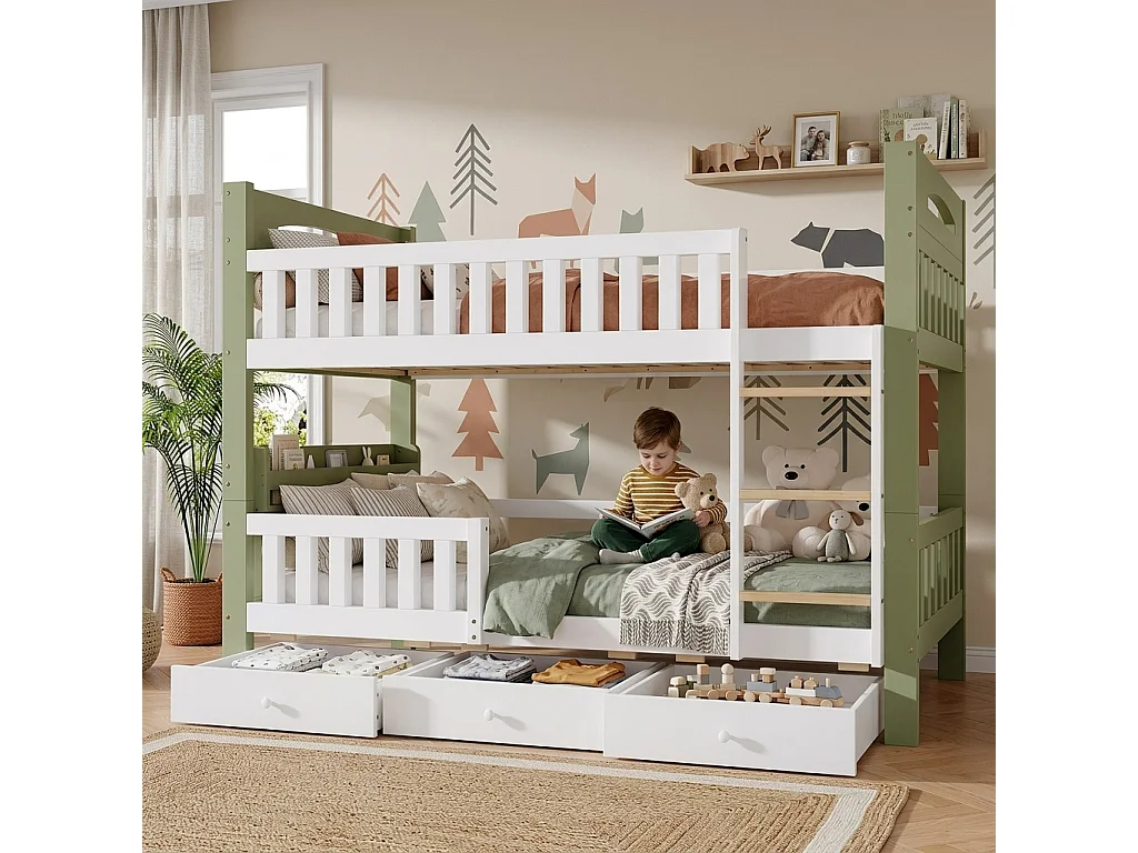 Lit superposé enfant 90x200 cm - avec 3 tiroirs - avec échelle - rayonnage de stockage - Bois massif + MDF - Blanc + Vert (sans matelas)