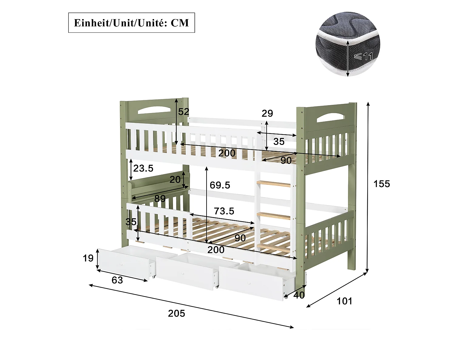 Lit superposé enfant 90x200 cm - avec 3 tiroirs - avec échelle - rayonnage de stockage - Bois massif + MDF - Blanc + Vert (sans matelas)