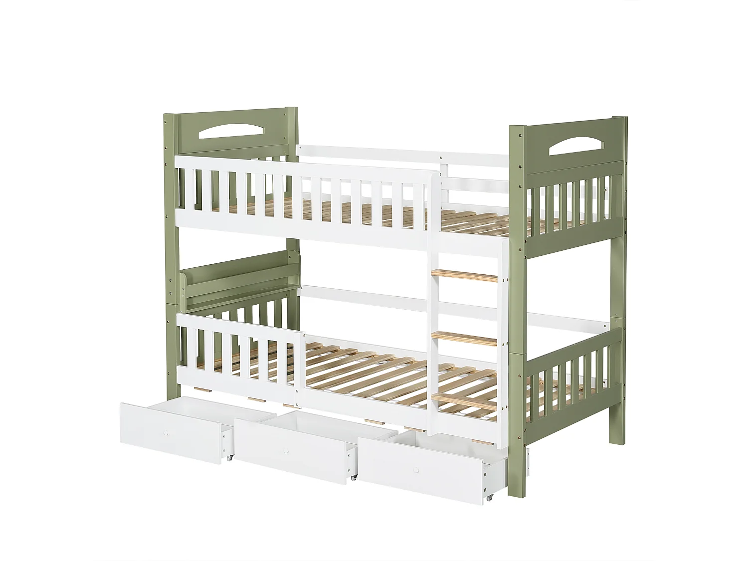 Lit superposé enfant 90x200 cm - avec 3 tiroirs - avec échelle - rayonnage de stockage - Bois massif + MDF - Blanc + Vert (sans matelas)