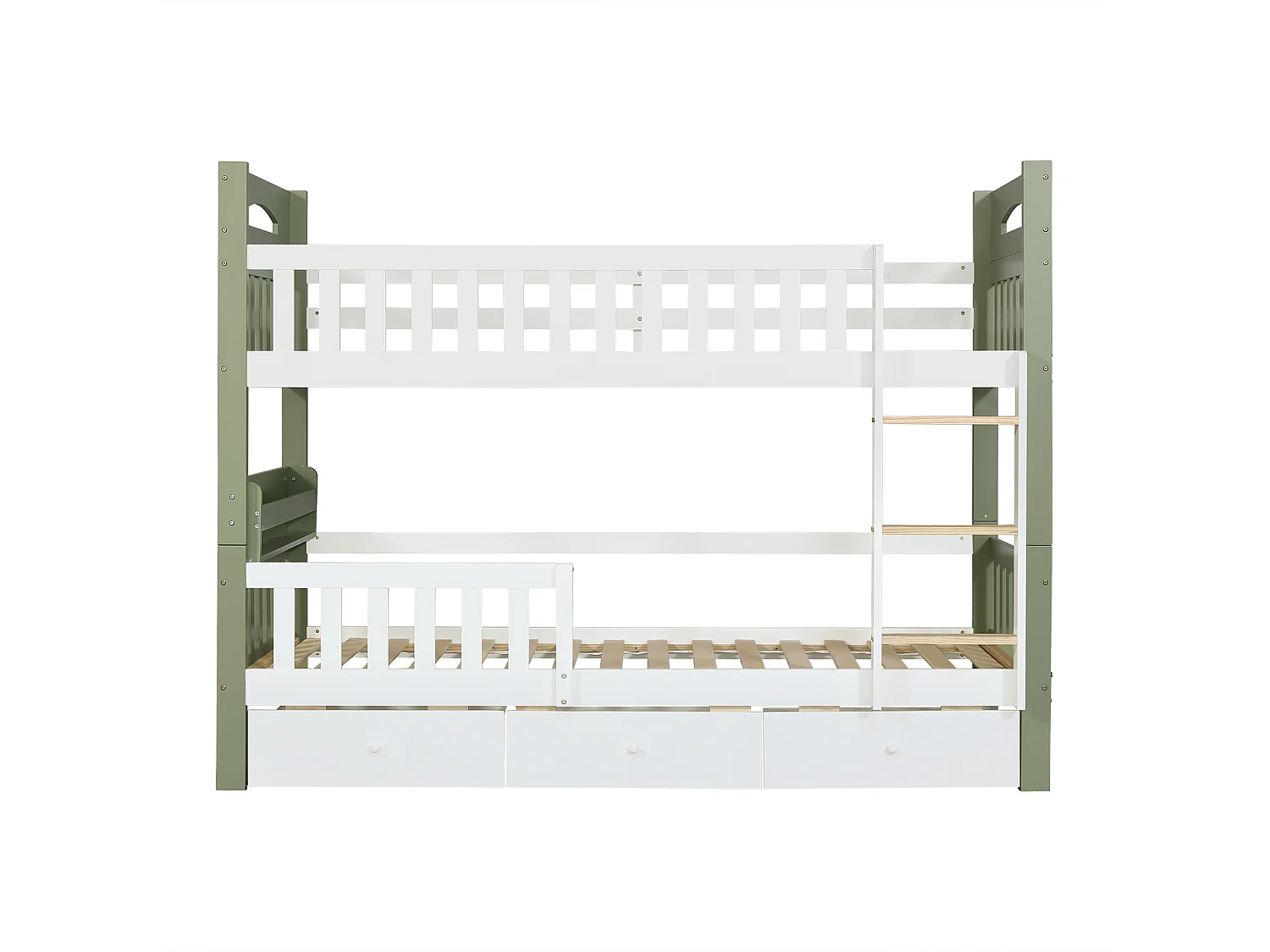 Lit superposé enfant 90x200 cm - avec 3 tiroirs - avec échelle - rayonnage de stockage - Bois massif + MDF - Blanc + Vert (sans matelas)