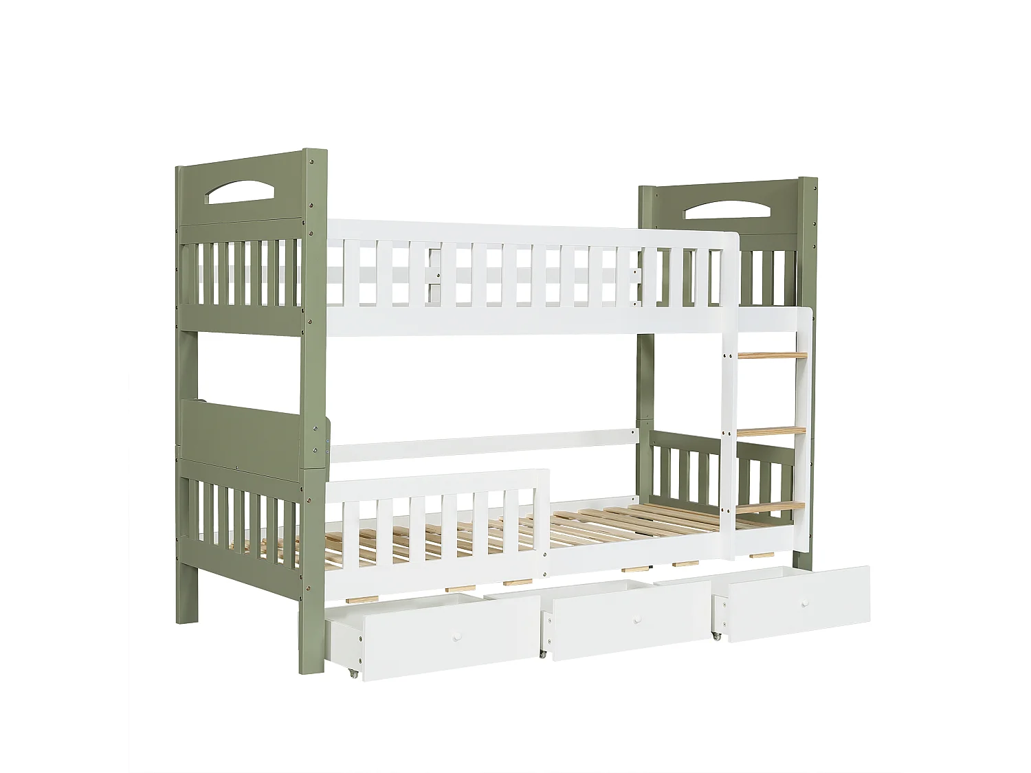 Lit superposé enfant 90x200 cm - avec 3 tiroirs - avec échelle - rayonnage de stockage - Bois massif + MDF - Blanc + Vert (sans matelas)