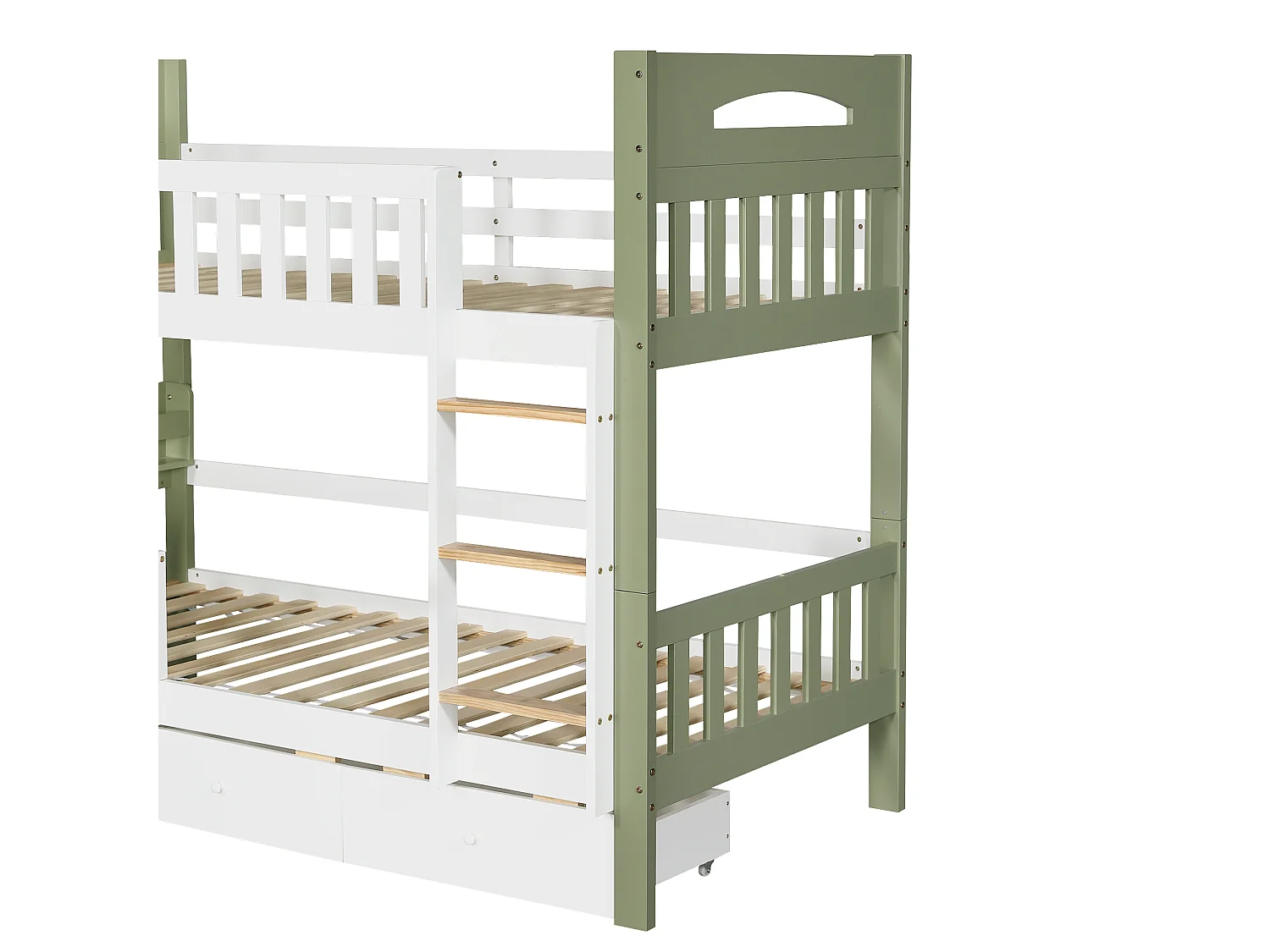 Lit superposé enfant 90x200 cm - avec 3 tiroirs - avec échelle - rayonnage de stockage - Bois massif + MDF - Blanc + Vert (sans matelas)