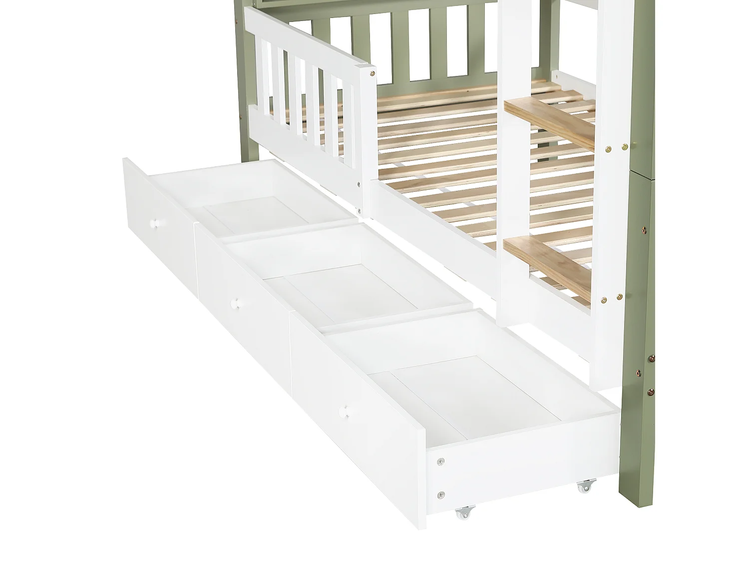 Lit superposé enfant 90x200 cm - avec 3 tiroirs - avec échelle - rayonnage de stockage - Bois massif + MDF - Blanc + Vert (sans matelas)