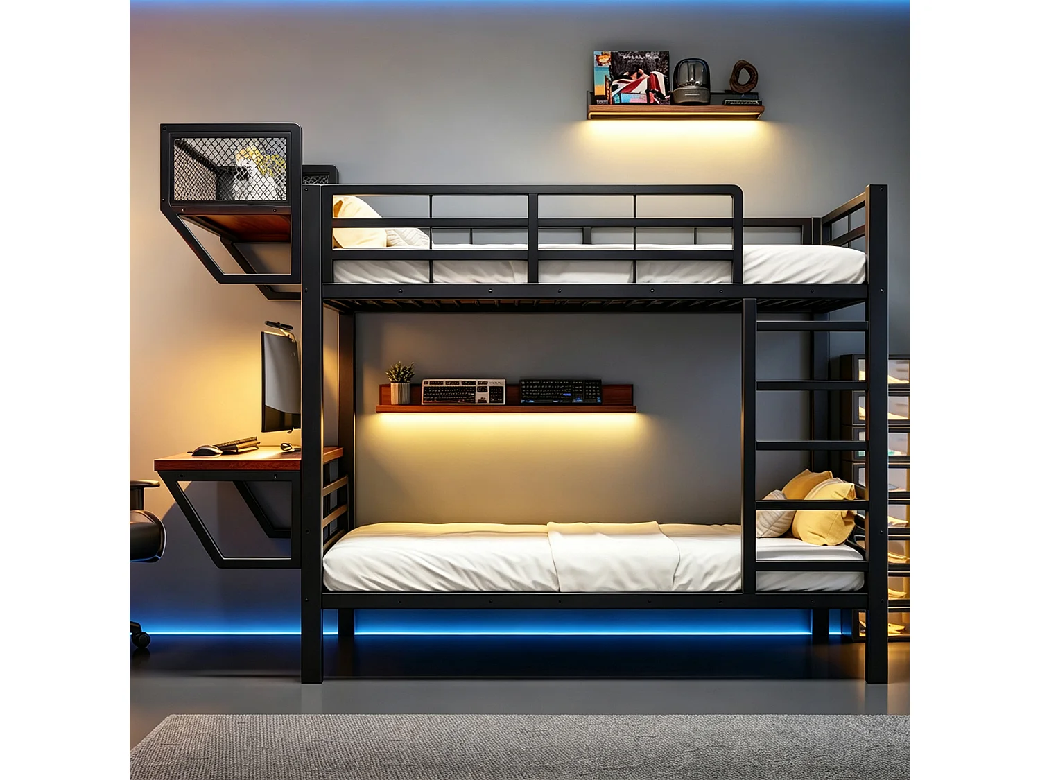Metall-Etagenbett 90 x 200 cm – mit Schreibtisch – mit Staufächern – mit Sicherheitsgittern – schwarz (Matratze nicht enthalten)