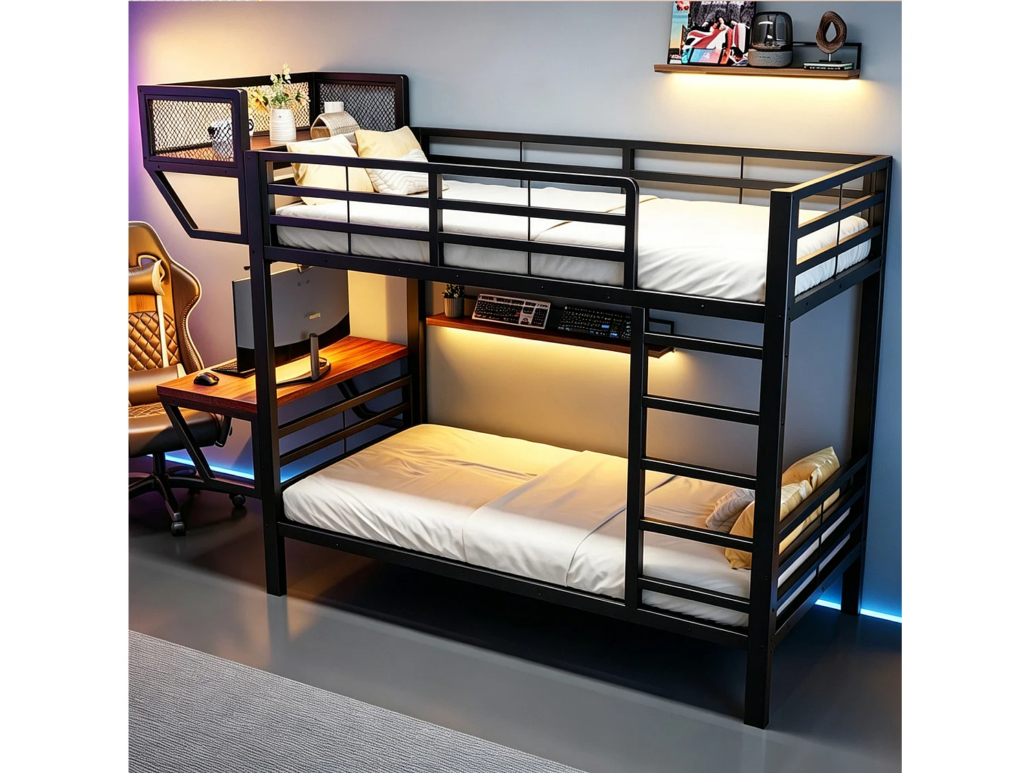 Metall-Etagenbett 90 x 200 cm – mit Schreibtisch – mit Staufächern – mit Sicherheitsgittern – schwarz (Matratze nicht enthalten)