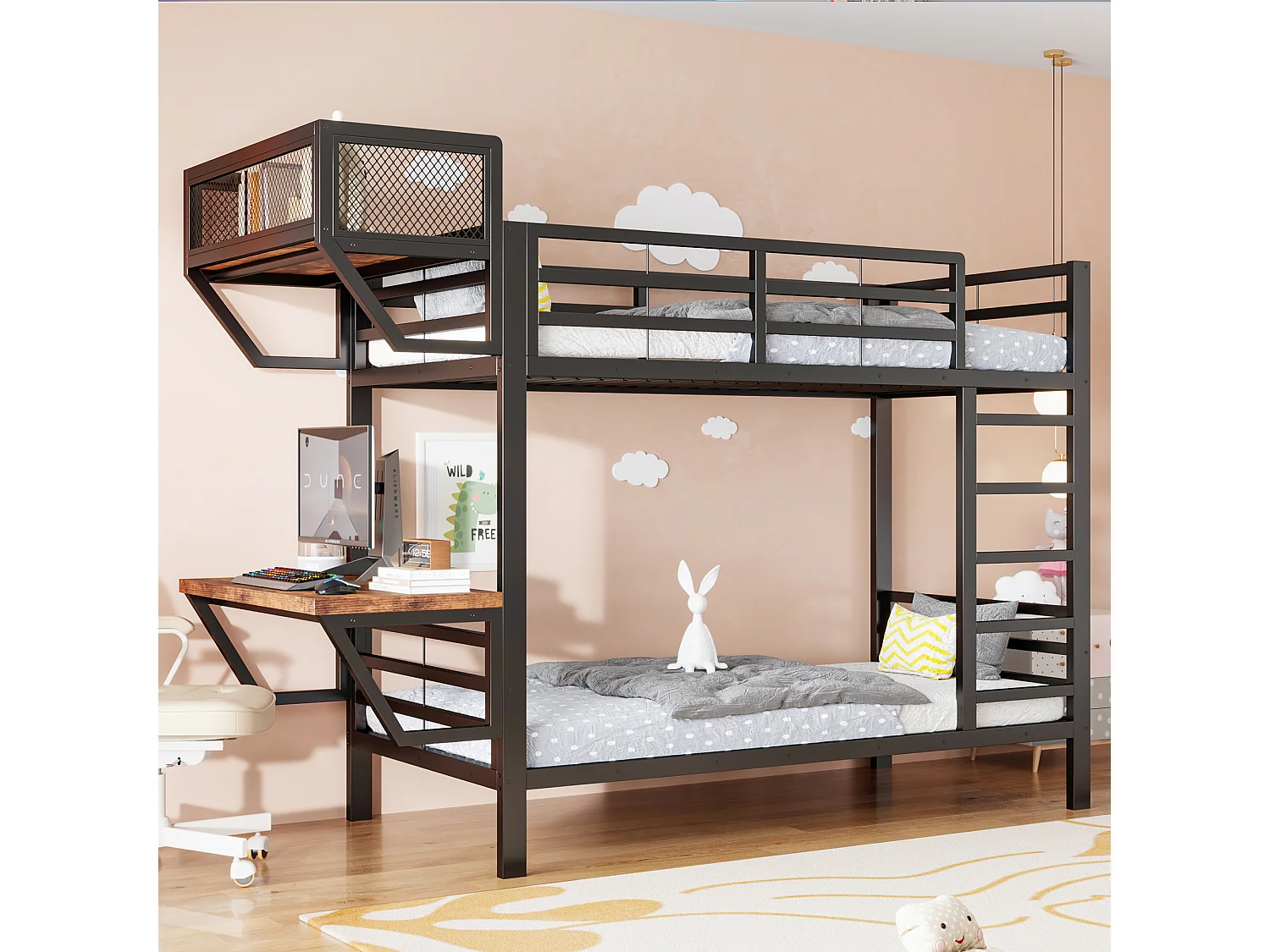 Metall-Etagenbett 90 x 200 cm – mit Schreibtisch – mit Staufächern – mit Sicherheitsgittern – schwarz (Matratze nicht enthalten)