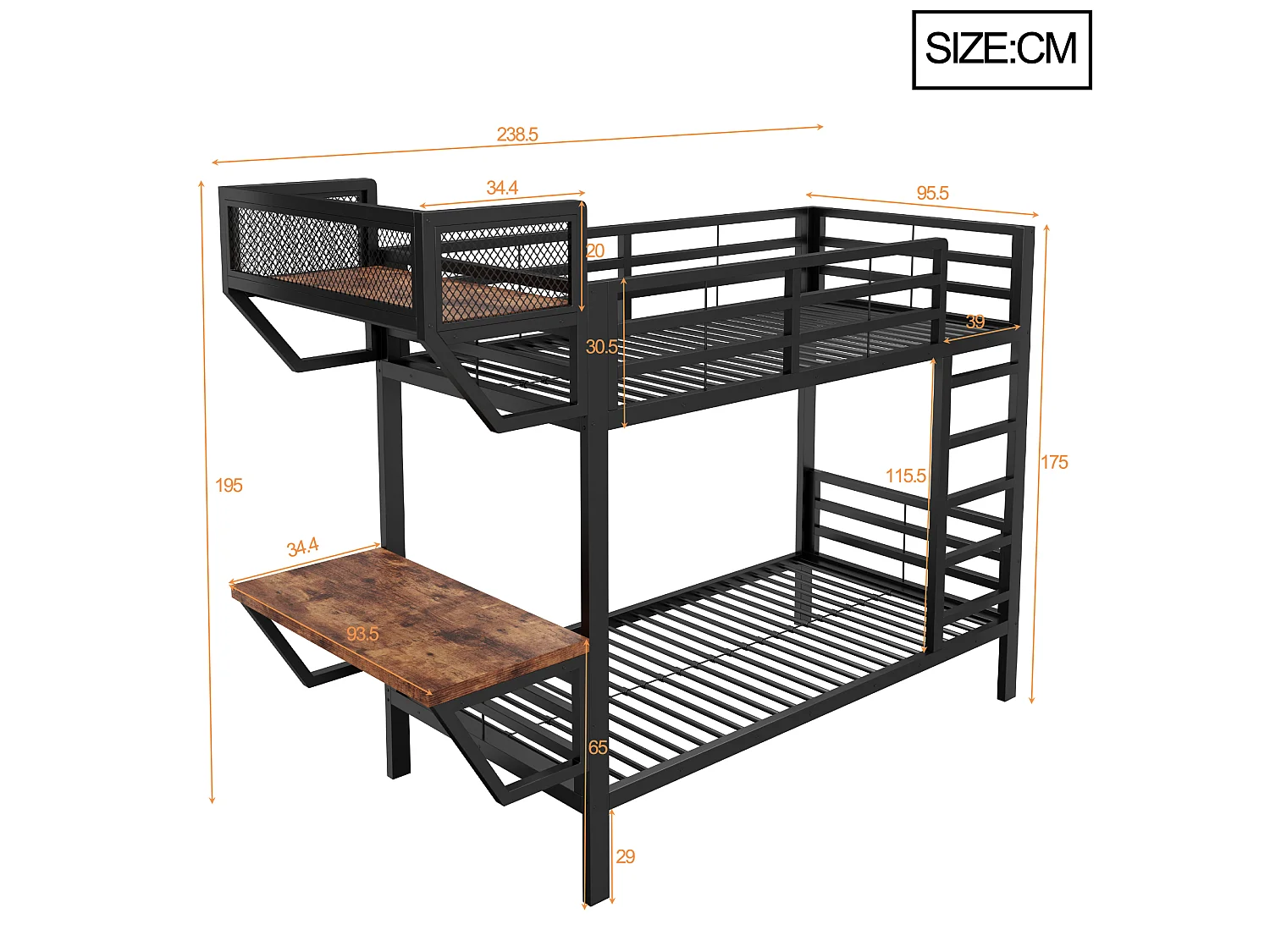 Metall-Etagenbett 90 x 200 cm – mit Schreibtisch – mit Staufächern – mit Sicherheitsgittern – schwarz (Matratze nicht enthalten)