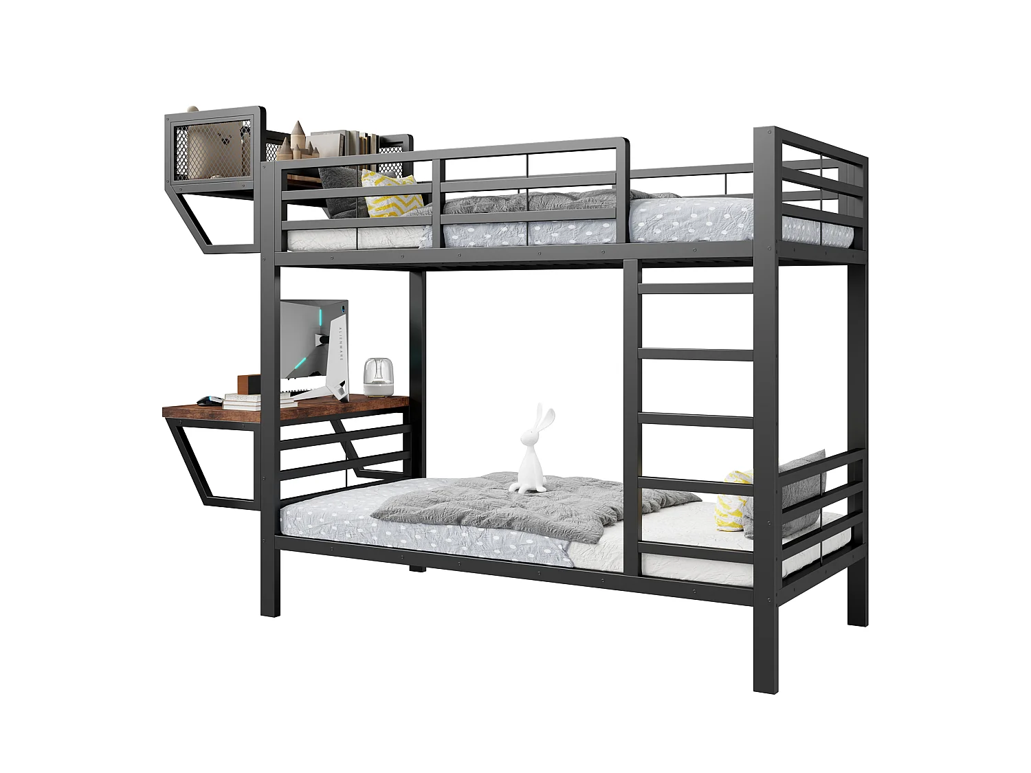 Metall-Etagenbett 90 x 200 cm – mit Schreibtisch – mit Staufächern – mit Sicherheitsgittern – schwarz (Matratze nicht enthalten)