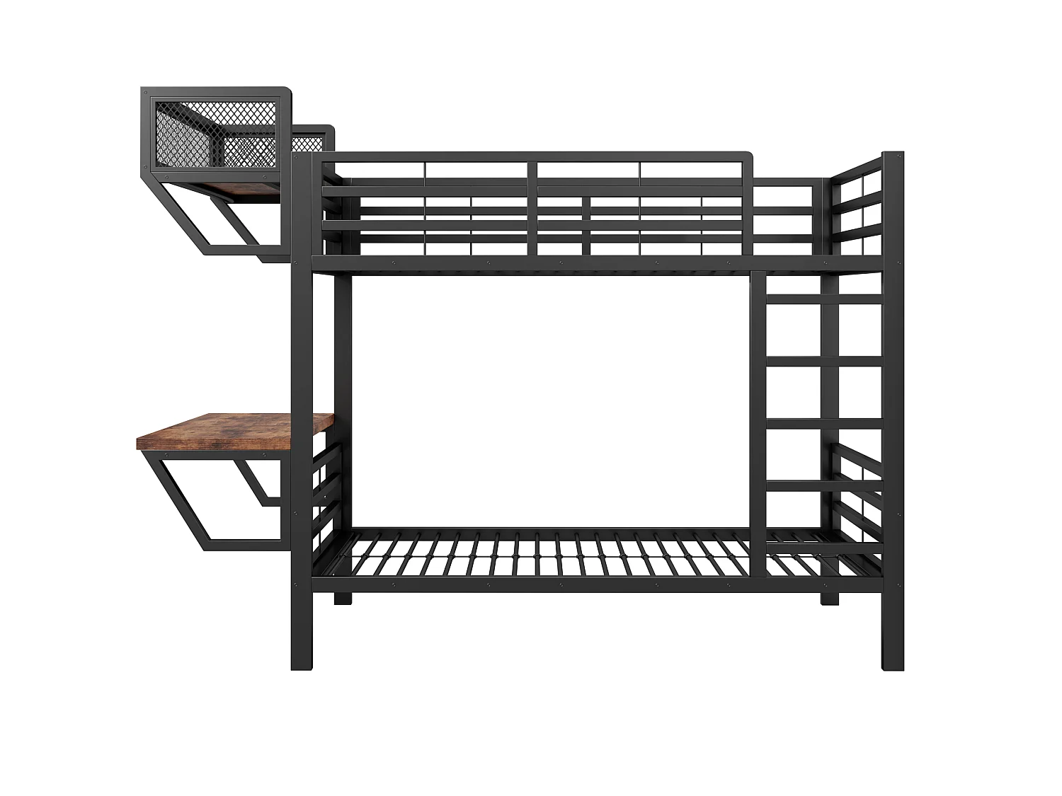 Metall-Etagenbett 90 x 200 cm – mit Schreibtisch – mit Staufächern – mit Sicherheitsgittern – schwarz (Matratze nicht enthalten)