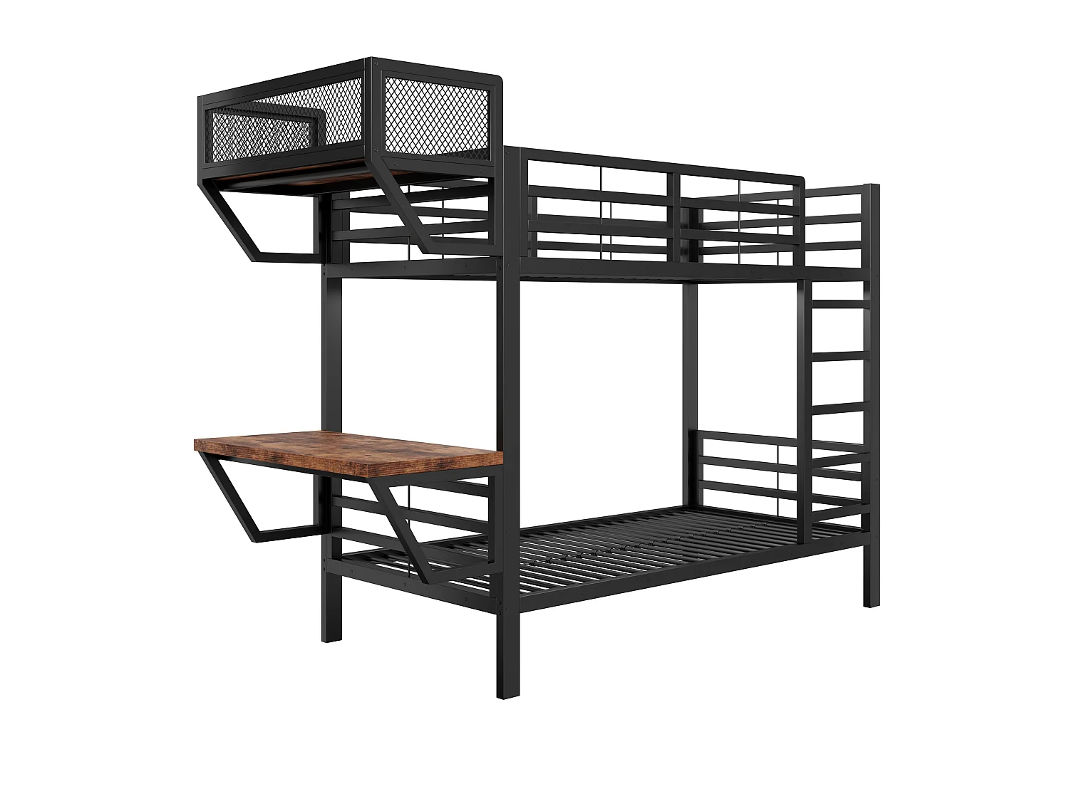 Metall-Etagenbett 90 x 200 cm – mit Schreibtisch – mit Staufächern – mit Sicherheitsgittern – schwarz (Matratze nicht enthalten)