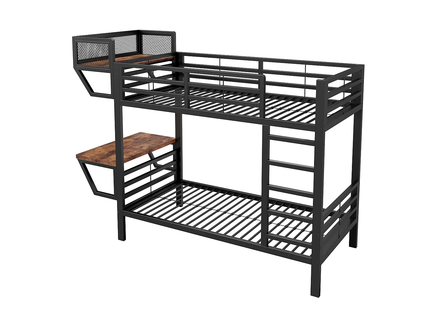 Metall-Etagenbett 90 x 200 cm – mit Schreibtisch – mit Staufächern – mit Sicherheitsgittern – schwarz (Matratze nicht enthalten)