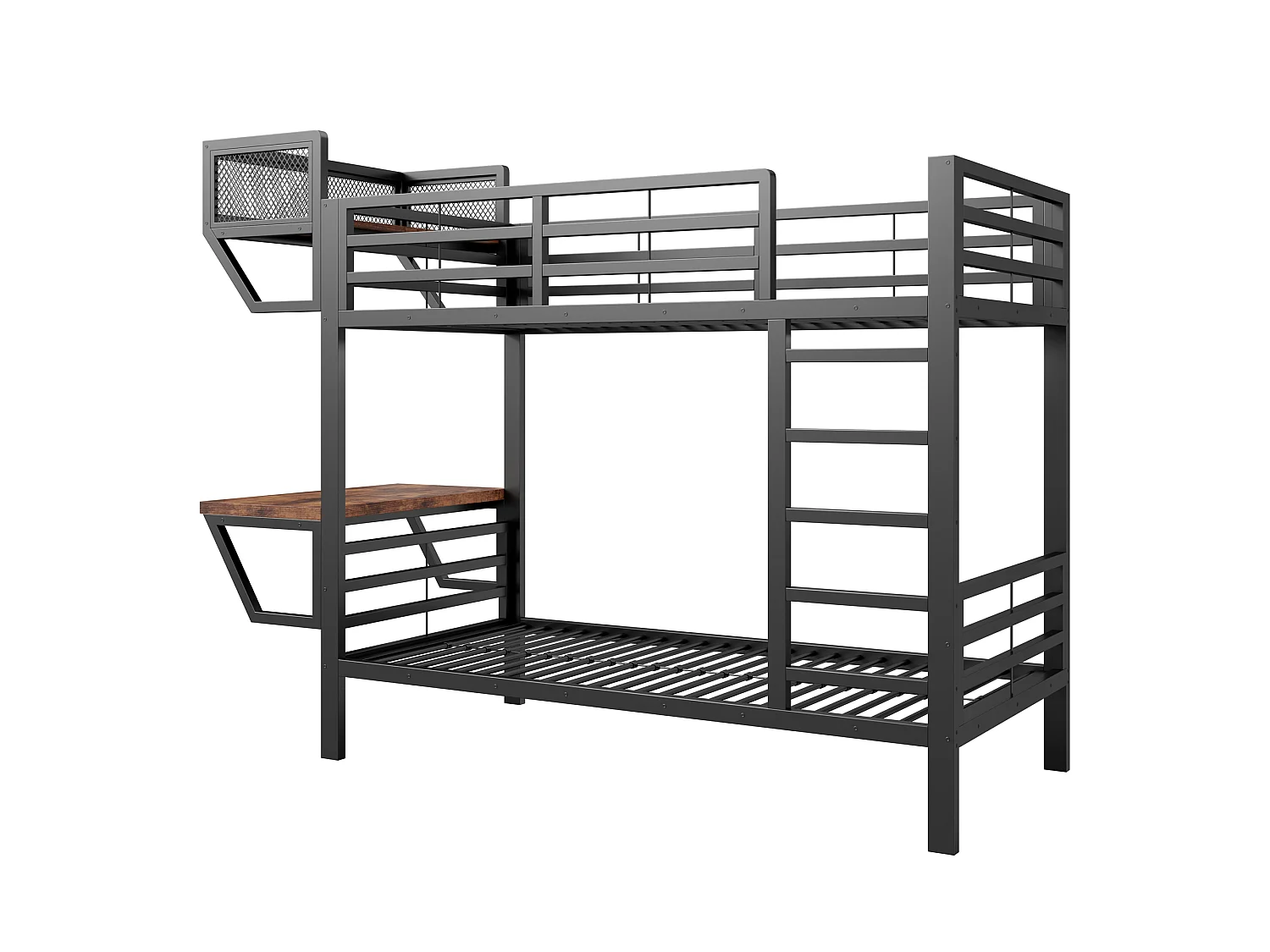 Metall-Etagenbett 90 x 200 cm – mit Schreibtisch – mit Staufächern – mit Sicherheitsgittern – schwarz (Matratze nicht enthalten)