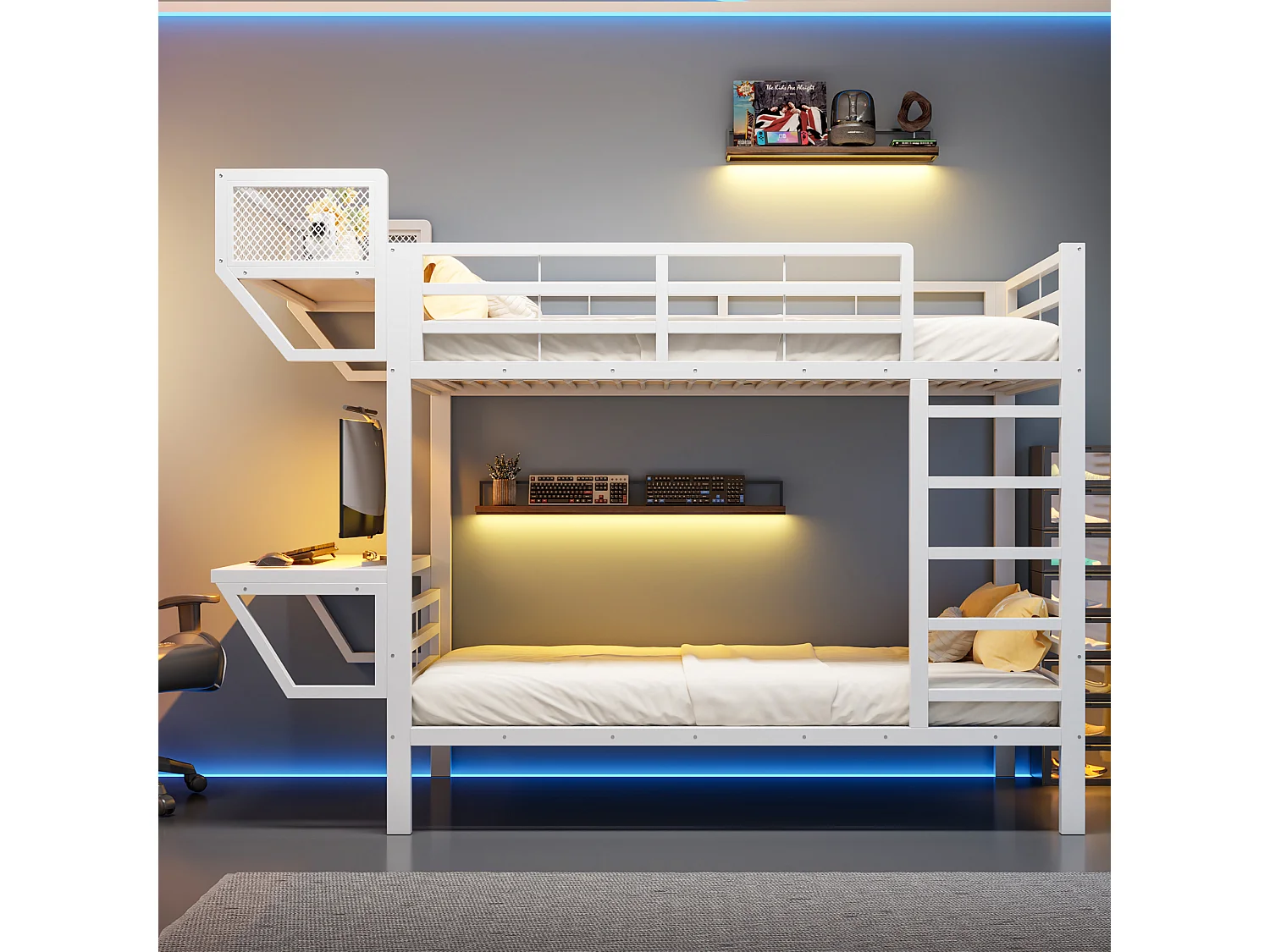 Lit superposé en métal 90 x 200 cm - avec bureau - avec compartiments de rangement - avec barrières de sécurité - blanc (matelas non inclus)