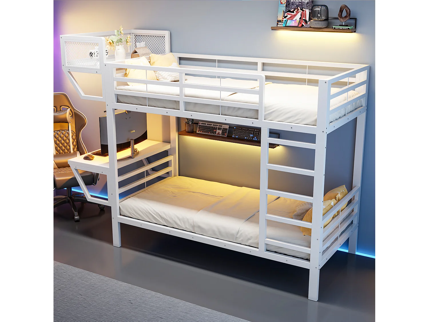 Lit superposé en métal 90 x 200 cm - avec bureau - avec compartiments de rangement - avec barrières de sécurité - blanc (matelas non inclus)