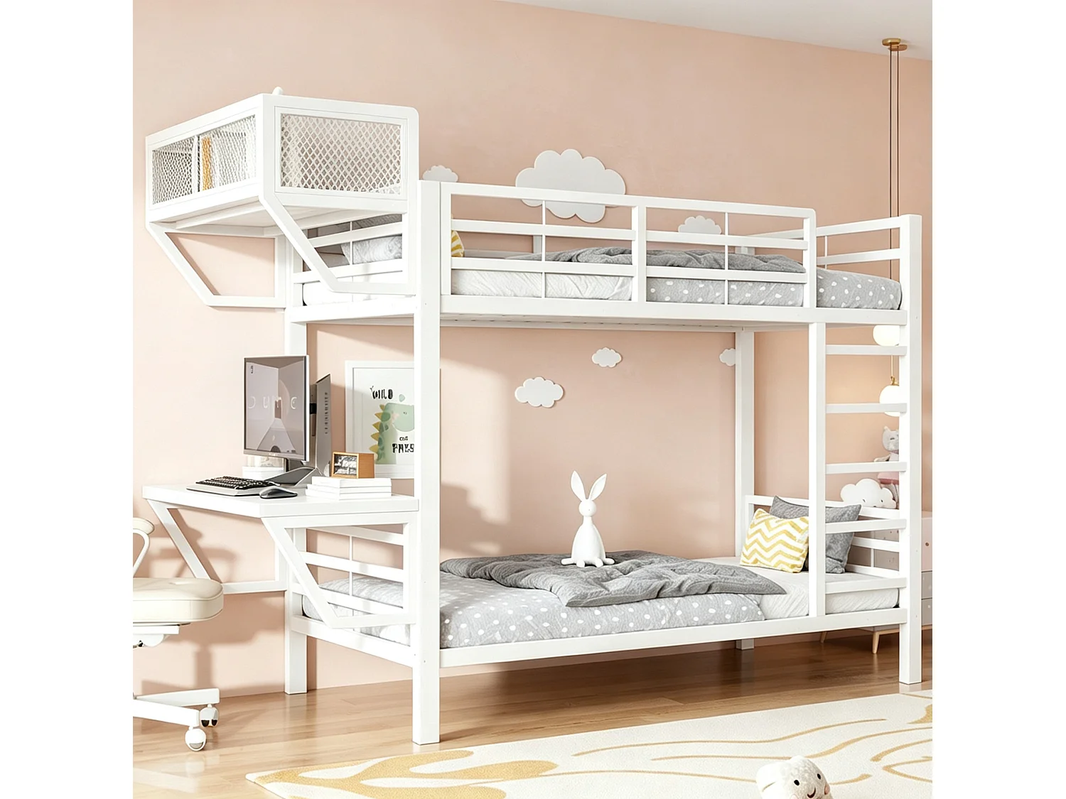 Lit superposé en métal 90 x 200 cm - avec bureau - avec compartiments de rangement - avec barrières de sécurité - blanc (matelas non inclus)