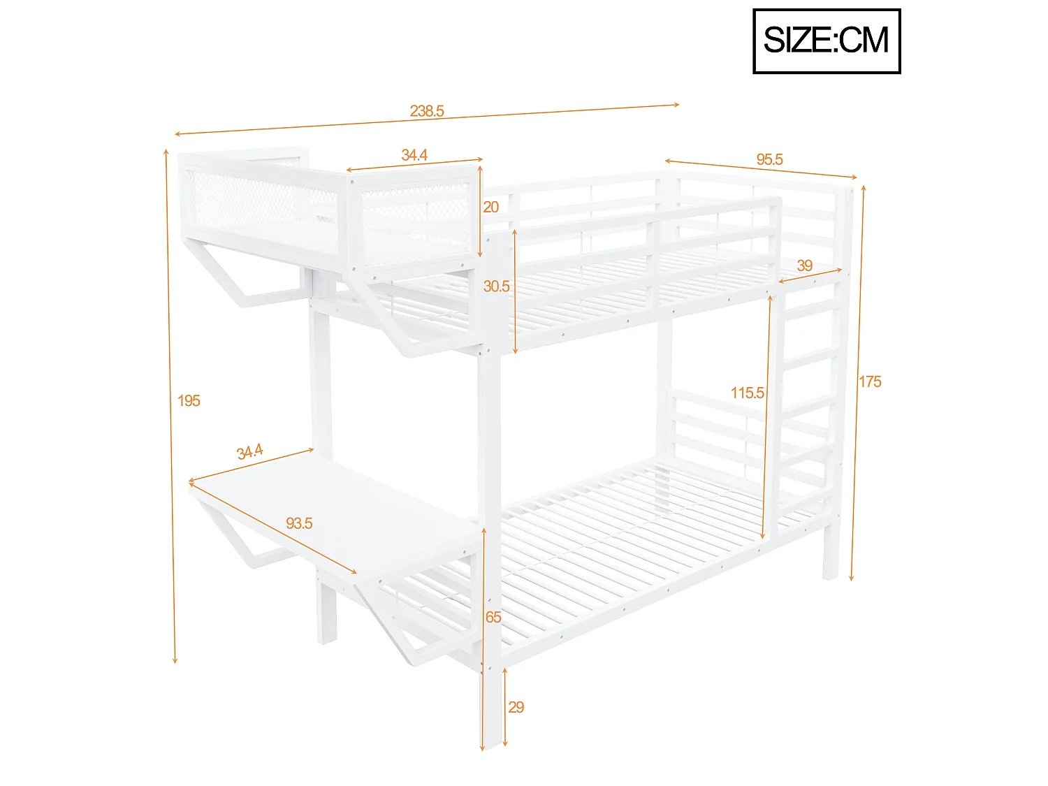 Lit superposé en métal 90 x 200 cm - avec bureau - avec compartiments de rangement - avec barrières de sécurité - blanc (matelas non inclus)