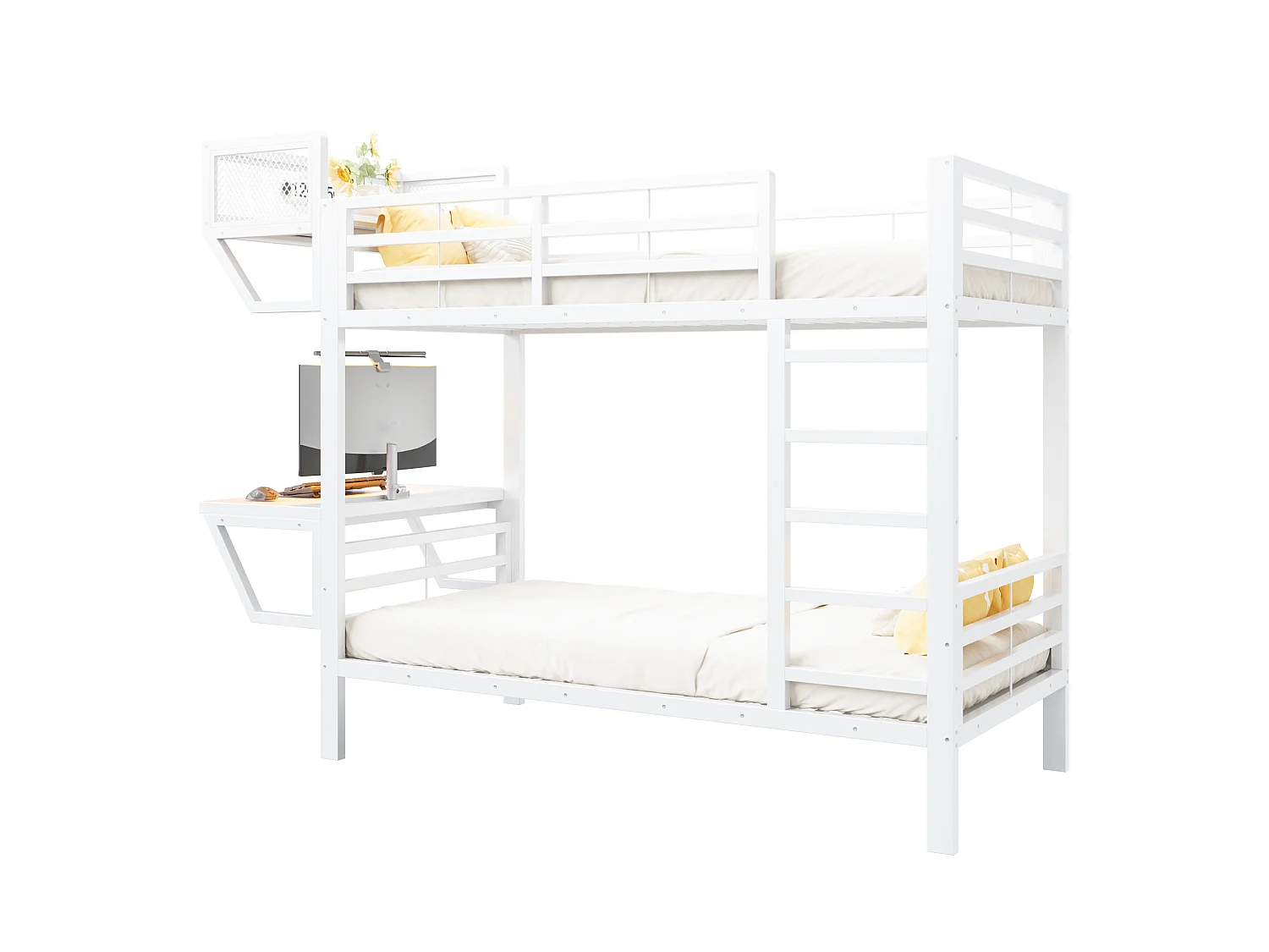 Lit superposé en métal 90 x 200 cm - avec bureau - avec compartiments de rangement - avec barrières de sécurité - blanc (matelas non inclus)