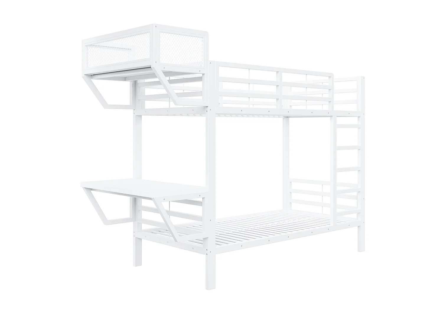 Lit superposé en métal 90 x 200 cm - avec bureau - avec compartiments de rangement - avec barrières de sécurité - blanc (matelas non inclus)