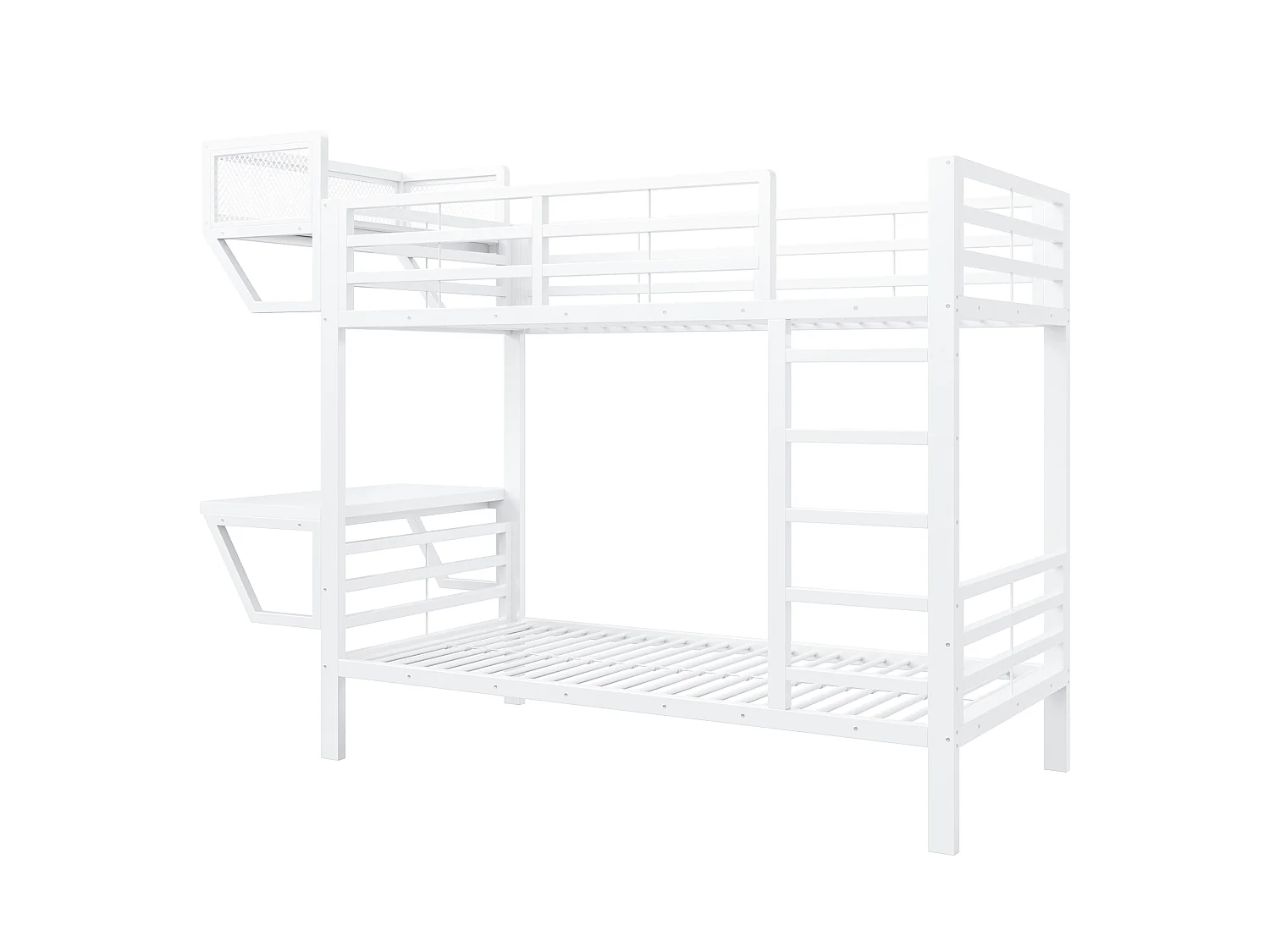 Lit superposé en métal 90 x 200 cm - avec bureau - avec compartiments de rangement - avec barrières de sécurité - blanc (matelas non inclus)