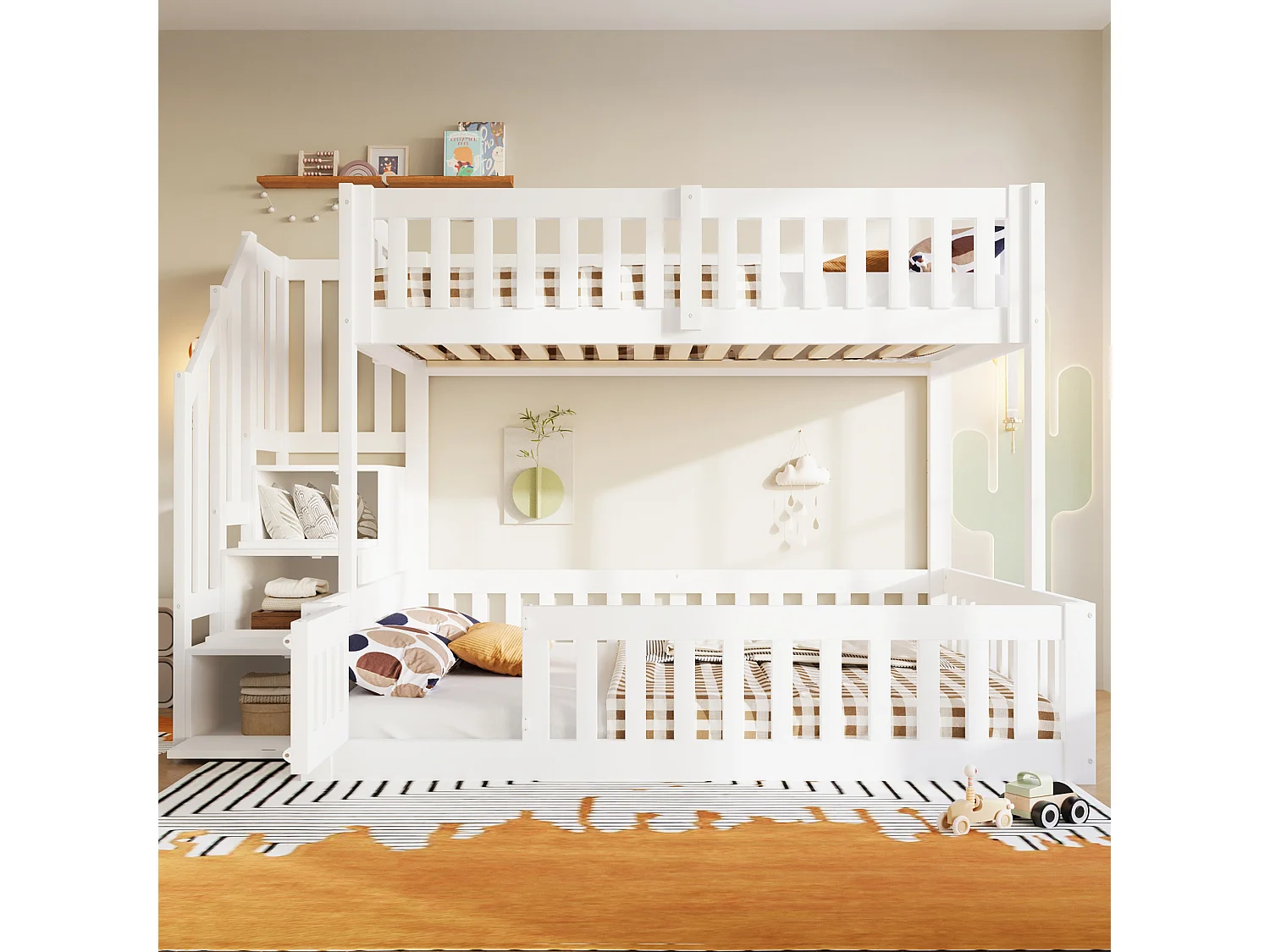 Lit superposé 90x200 cm + 140x200 cm -  Avec échelle de rangement - Avec barrière de sécurité - MDF - Blanc  (matelas non inclus)