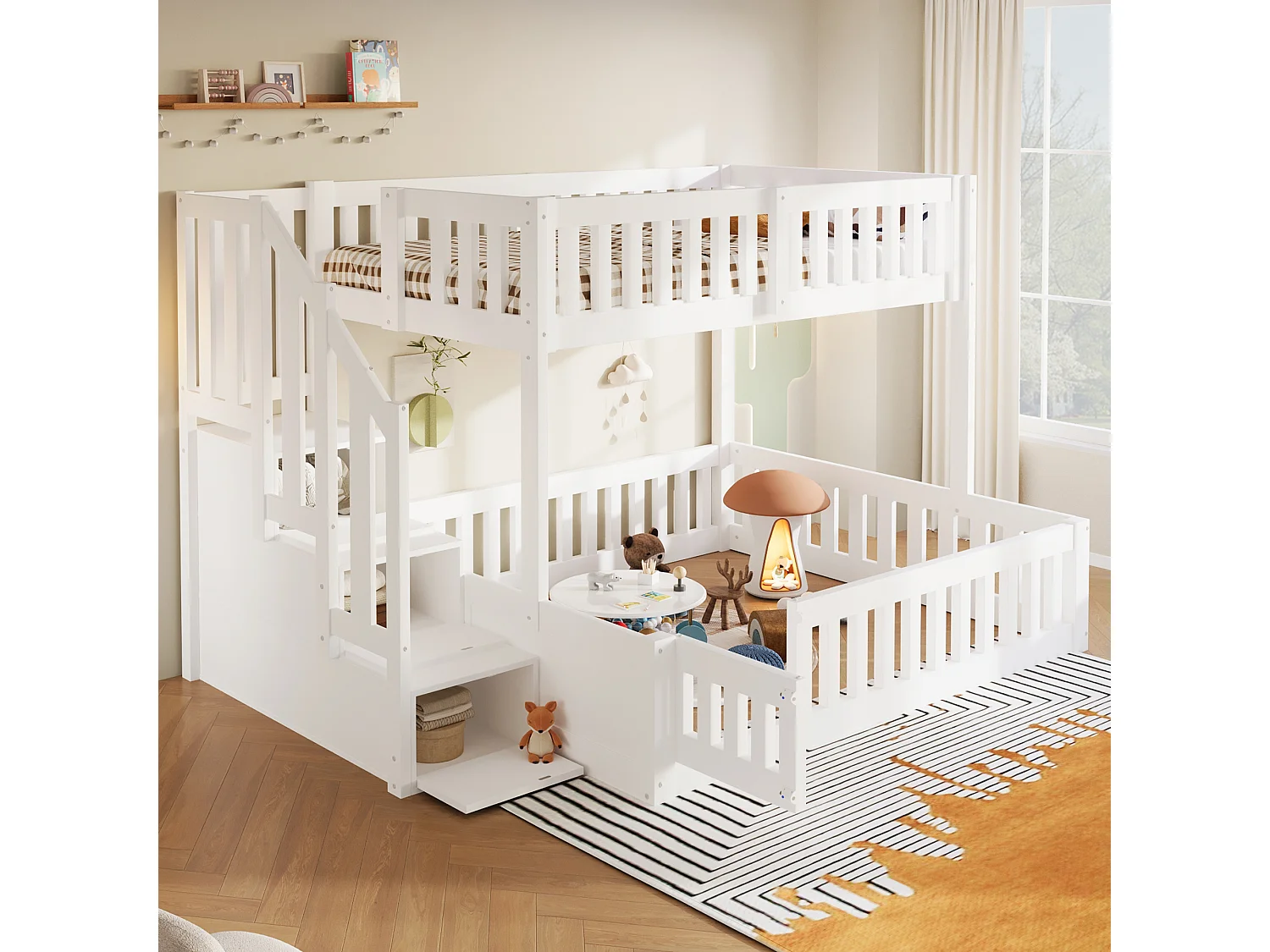 Lit superposé 90x200 cm + 140x200 cm -  Avec échelle de rangement - Avec barrière de sécurité - MDF - Blanc  (matelas non inclus)