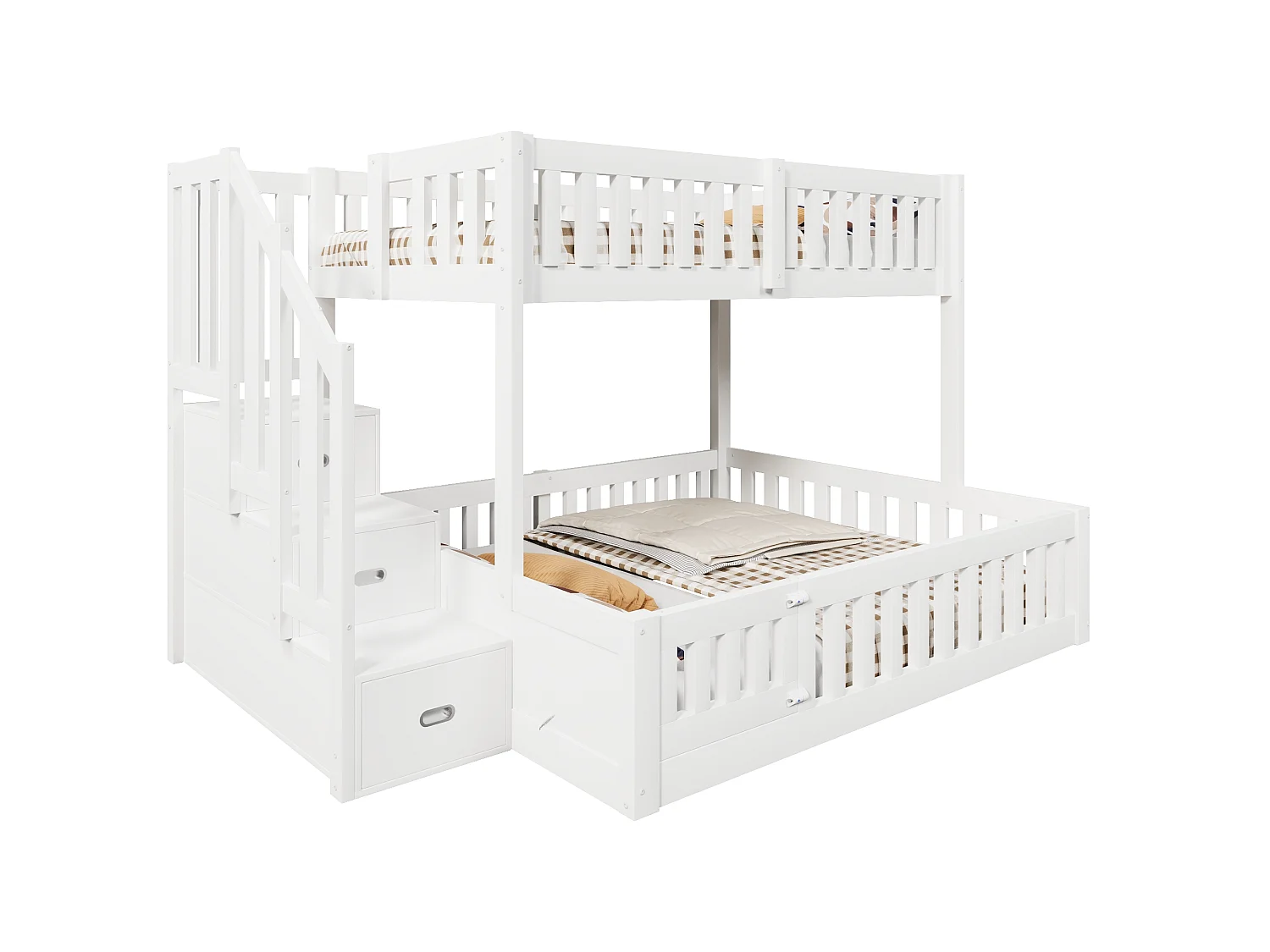 Lit superposé 90x200 cm + 140x200 cm -  Avec échelle de rangement - Avec barrière de sécurité - MDF - Blanc  (matelas non inclus)