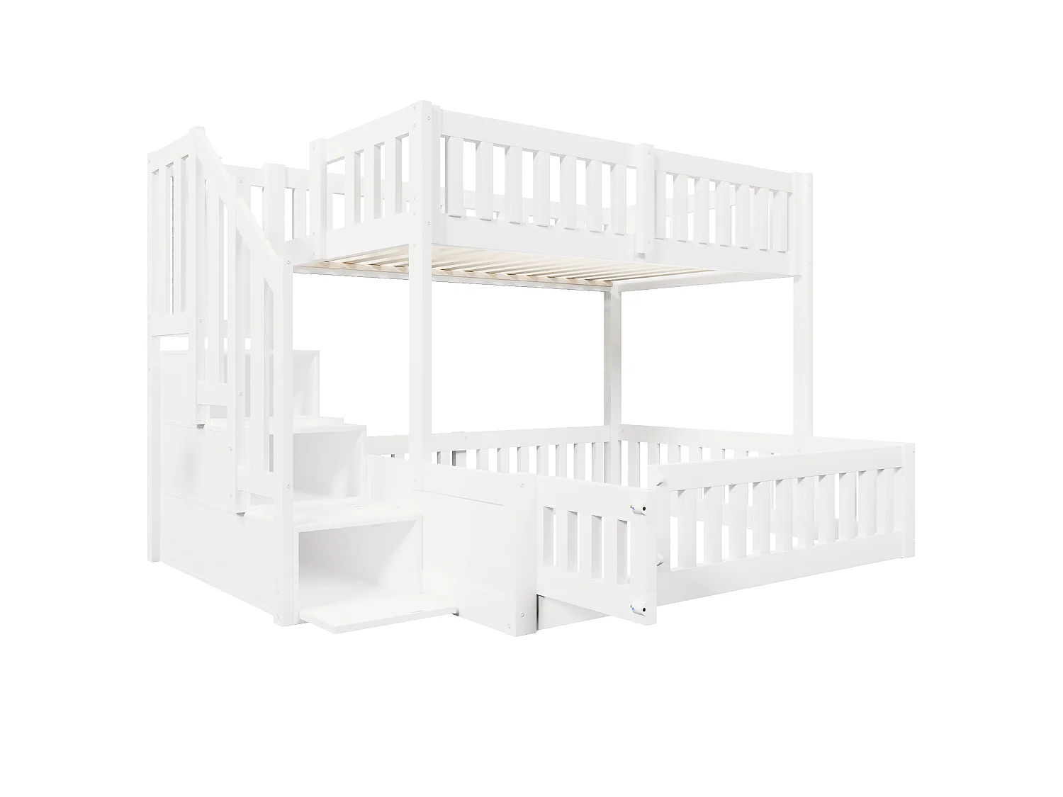 Lit superposé 90x200 cm + 140x200 cm -  Avec échelle de rangement - Avec barrière de sécurité - MDF - Blanc  (matelas non inclus)