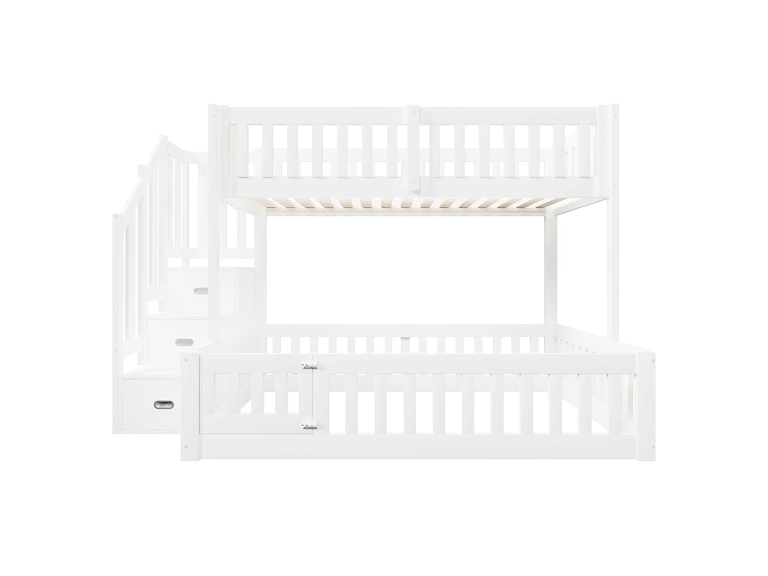 Lit superposé 90x200 cm + 140x200 cm -  Avec échelle de rangement - Avec barrière de sécurité - MDF - Blanc  (matelas non inclus)