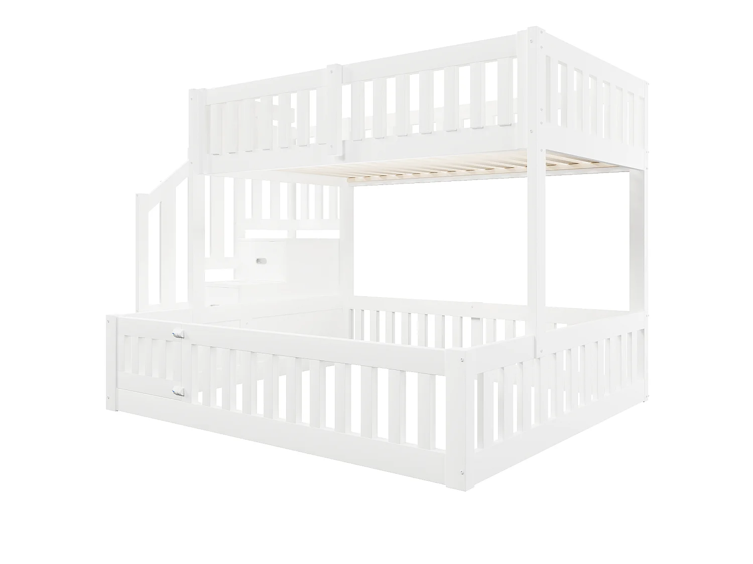 Lit superposé 90x200 cm + 140x200 cm -  Avec échelle de rangement - Avec barrière de sécurité - MDF - Blanc  (matelas non inclus)