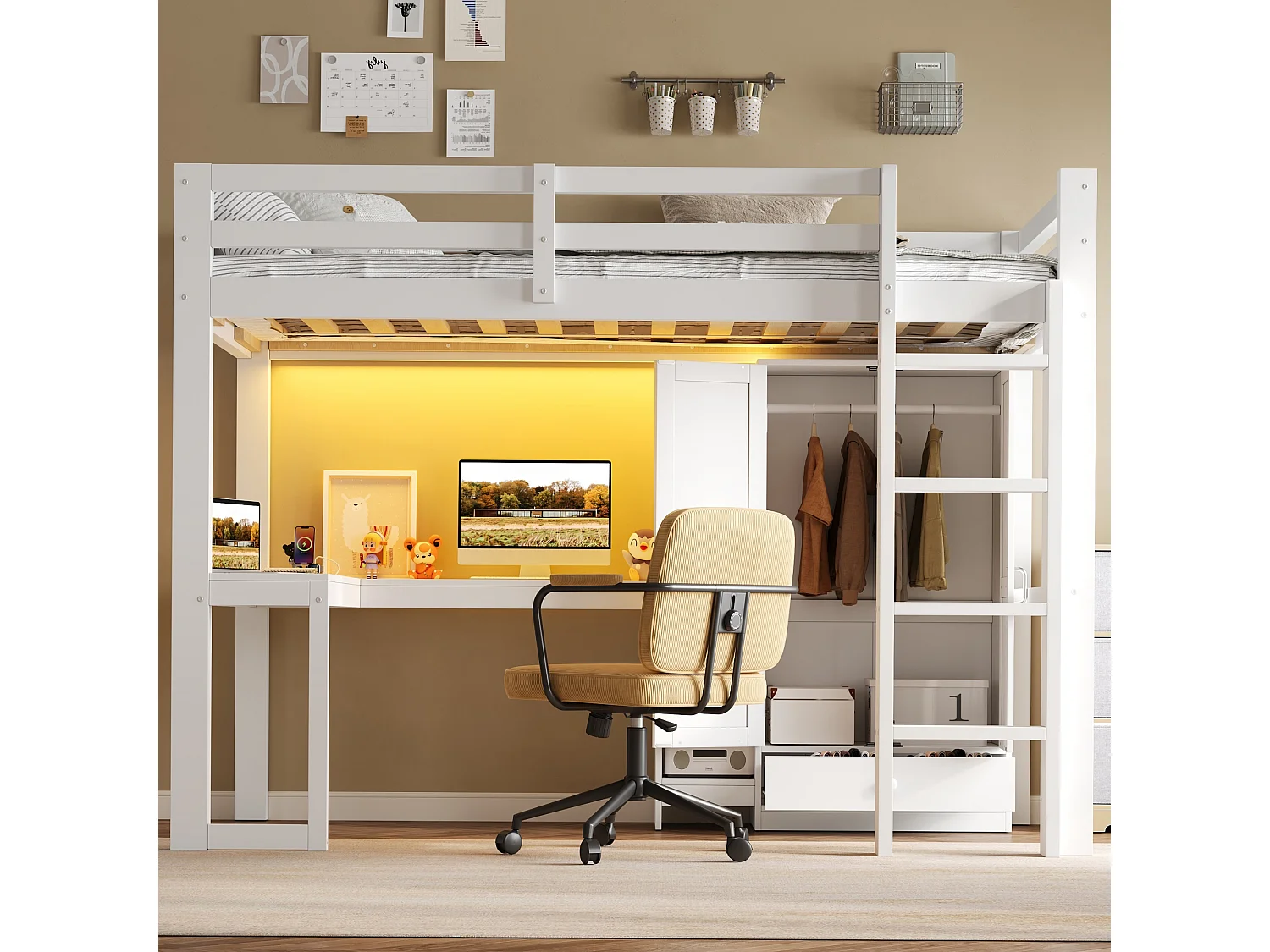 Lit mezzanine 90x200 cm - Avec bureau, étagères et armoire avec 1 tiroir - Port USB et éclairage LED - MDF - Blanc (sans matelas)