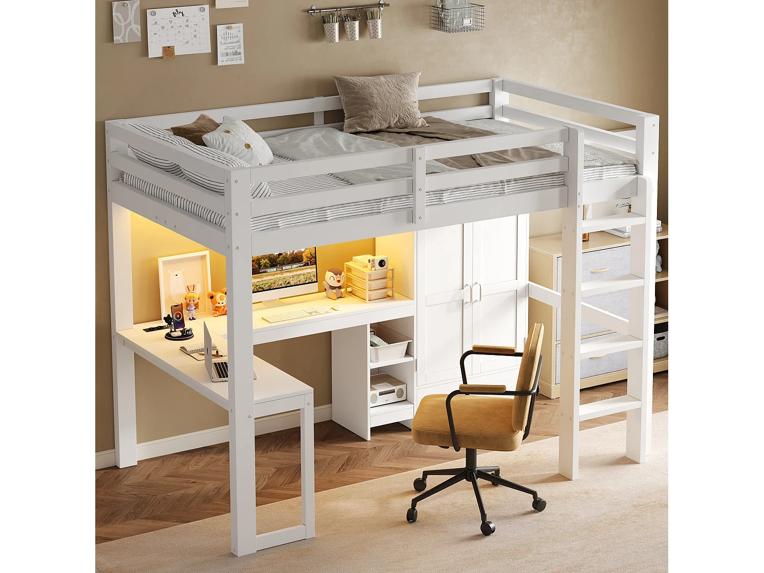 Lit mezzanine 90x200 cm - Avec bureau, étagères et armoire avec 1 tiroir - Port USB et éclairage LED - MDF - Blanc (sans matelas)