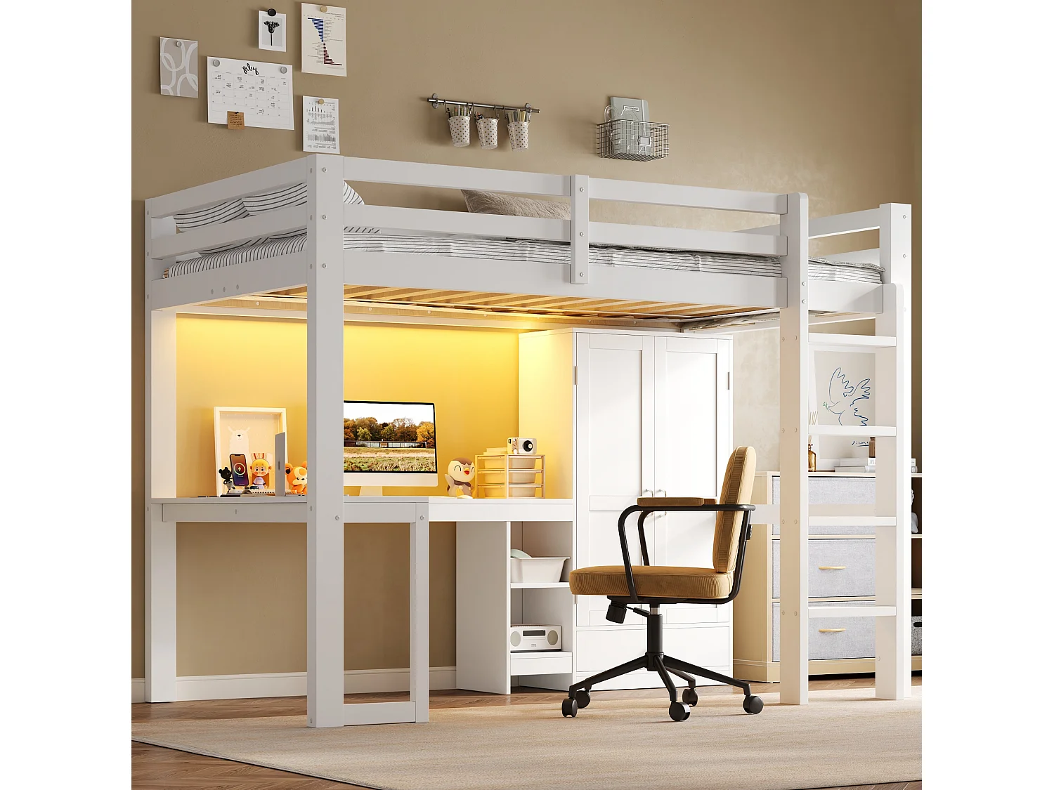 Lit mezzanine 90x200 cm - Avec bureau, étagères et armoire avec 1 tiroir - Port USB et éclairage LED - MDF - Blanc (sans matelas)