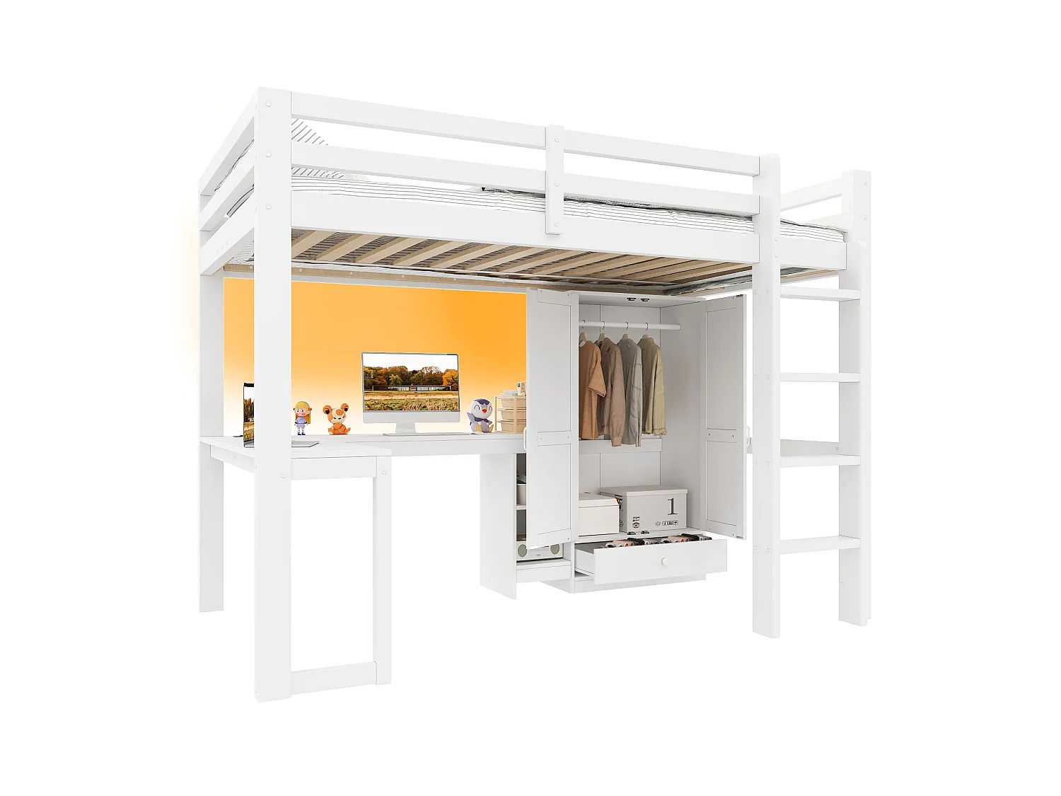 Lit mezzanine 90x200 cm - Avec bureau, étagères et armoire avec 1 tiroir - Port USB et éclairage LED - MDF - Blanc (sans matelas)