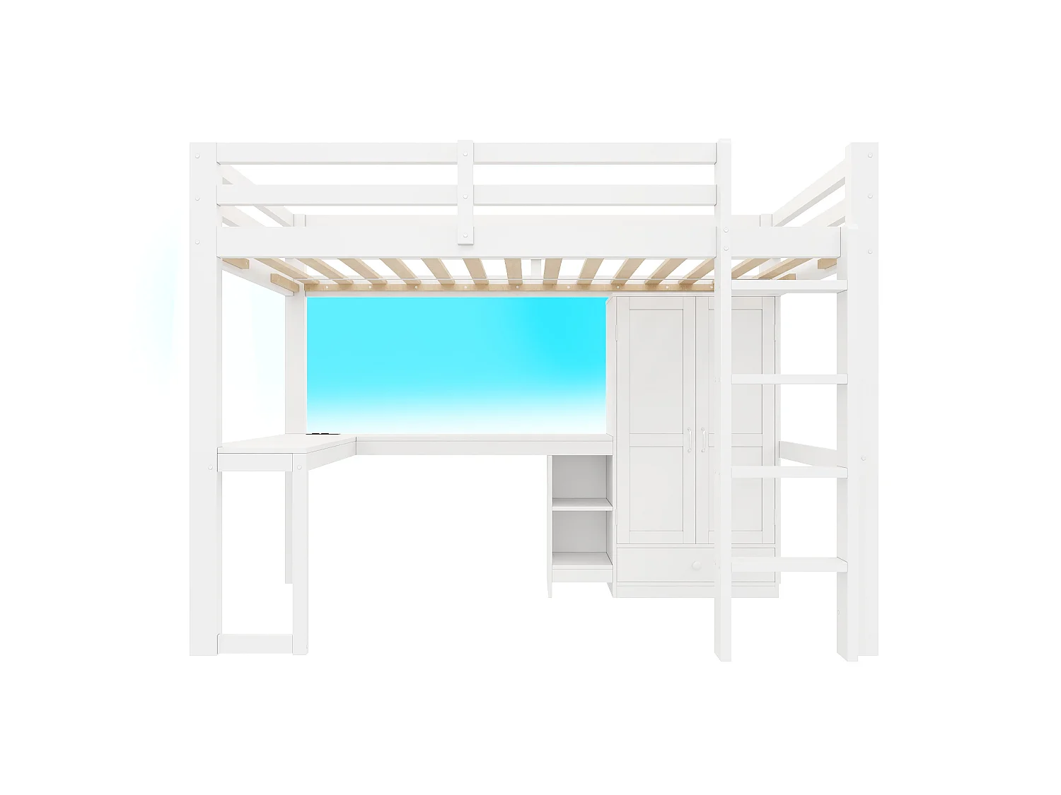 Lit mezzanine 90x200 cm - Avec bureau, étagères et armoire avec 1 tiroir - Port USB et éclairage LED - MDF - Blanc (sans matelas)