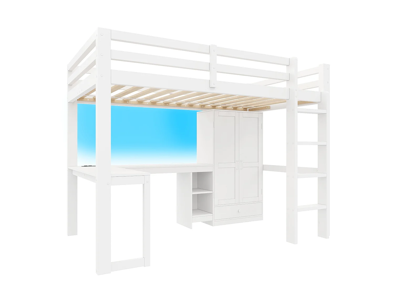 Lit mezzanine 90x200 cm - Avec bureau, étagères et armoire avec 1 tiroir - Port USB et éclairage LED - MDF - Blanc (sans matelas)