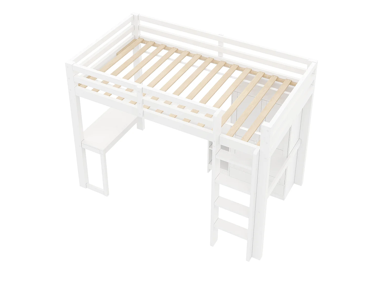 Lit mezzanine 90x200 cm - Avec bureau, étagères et armoire avec 1 tiroir - Port USB et éclairage LED - MDF - Blanc (sans matelas)