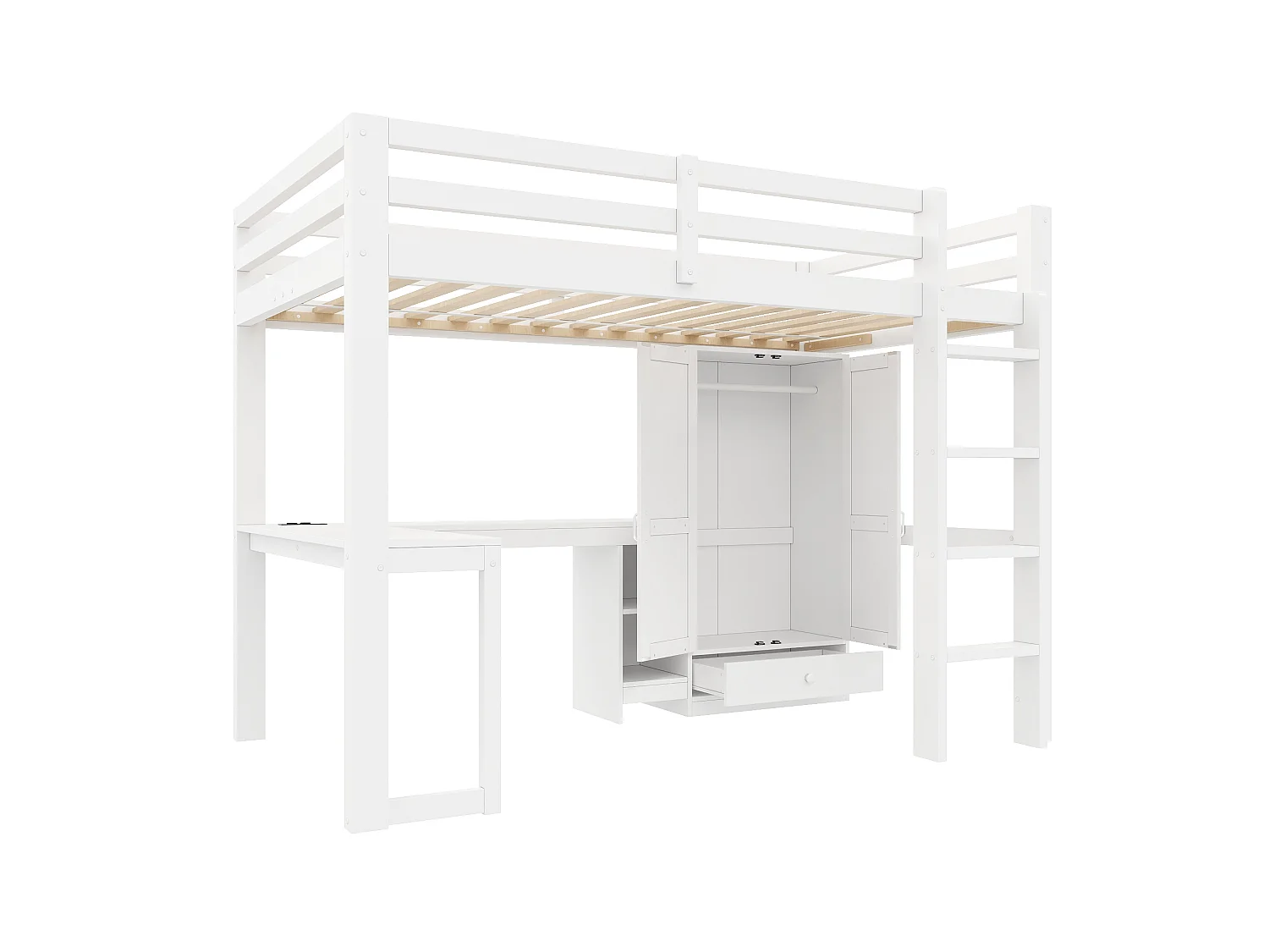 Lit mezzanine 90x200 cm - Avec bureau, étagères et armoire avec 1 tiroir - Port USB et éclairage LED - MDF - Blanc (sans matelas)