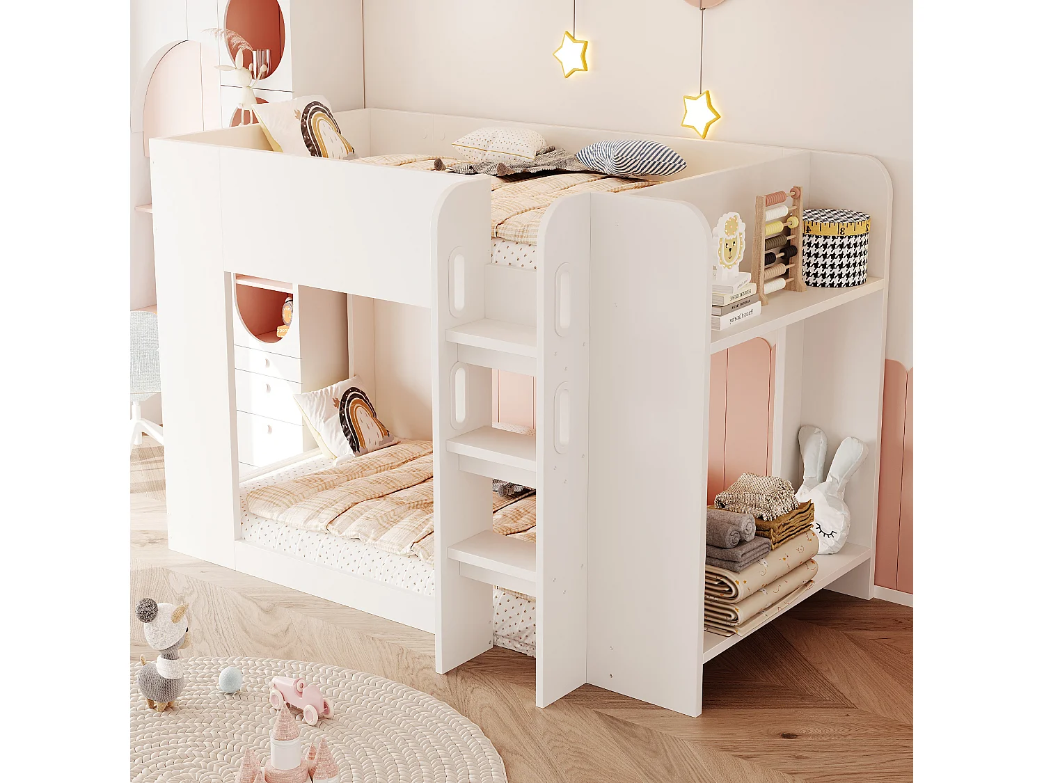 Lit superposé enfant 90x200 cm - avec barrières de sécurité - avec échelle - avec compartiments de rangement - blanc (matelas non inclus)
