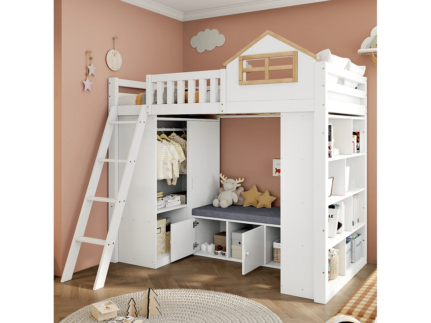 Lit mezzanine enfant 90x200 cm - avec échelle - avec armoire et étagère ouverte - banc avec rangement - Bois massif + MDF - Blanc (sans matelas)