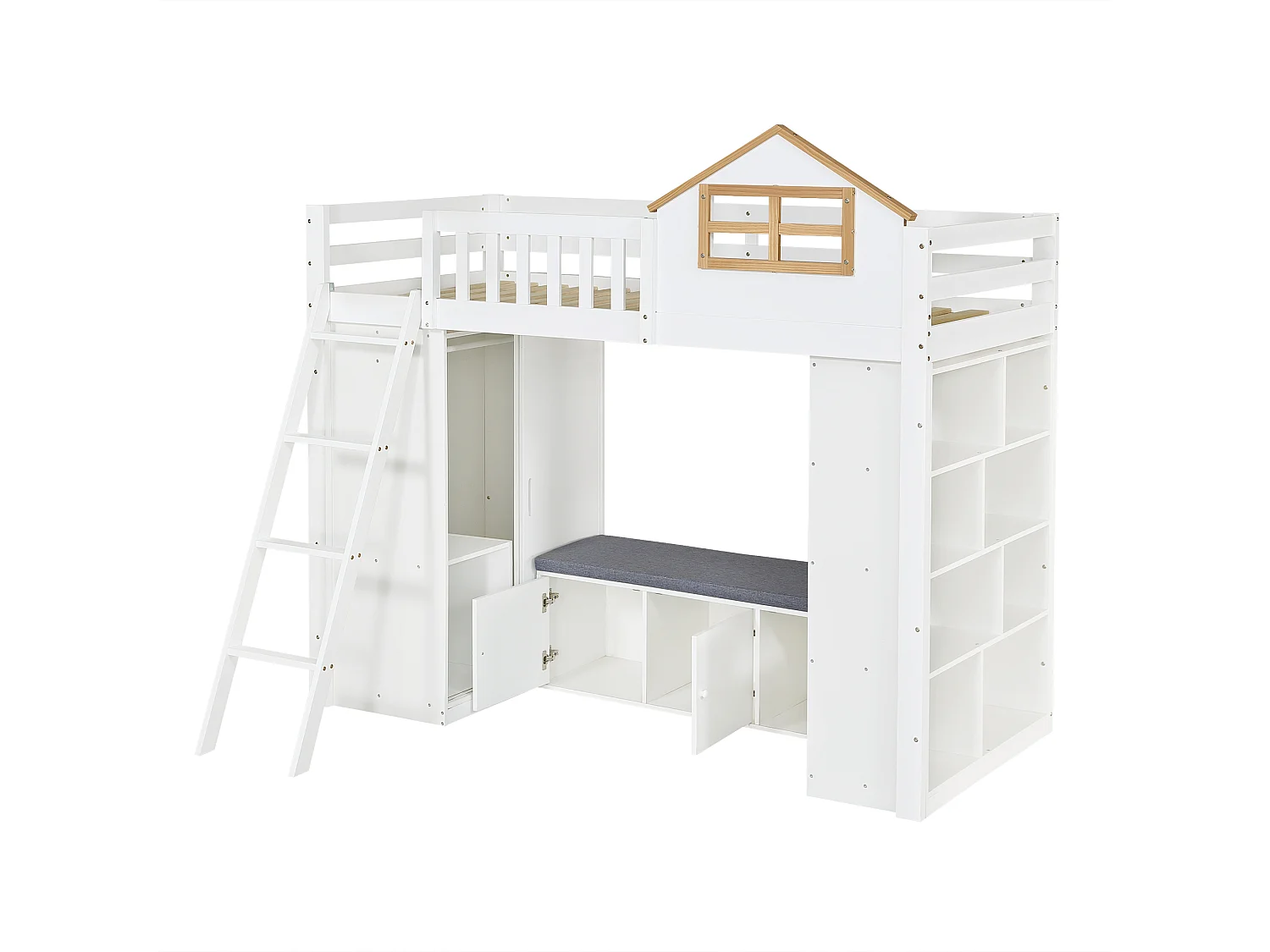 Lit mezzanine enfant 90x200 cm - avec échelle - avec armoire et étagère ouverte - banc avec rangement - Bois massif + MDF - Blanc (sans matelas)
