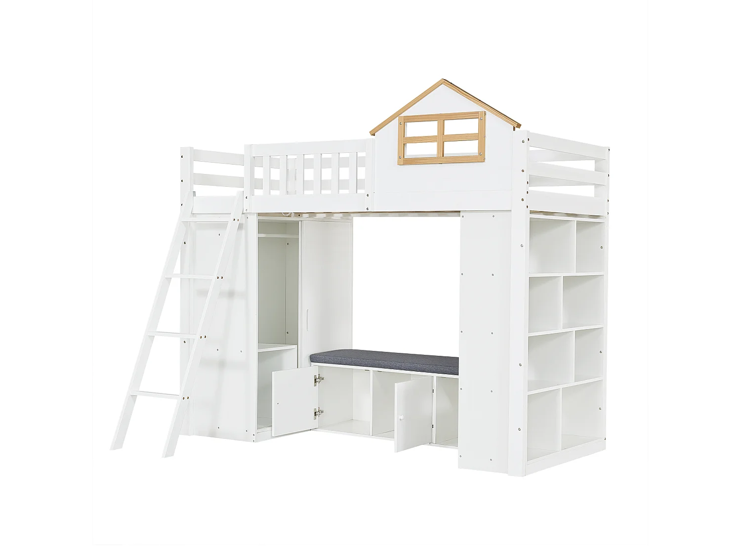 Lit mezzanine enfant 90x200 cm - avec échelle - avec armoire et étagère ouverte - banc avec rangement - Bois massif + MDF - Blanc (sans matelas)