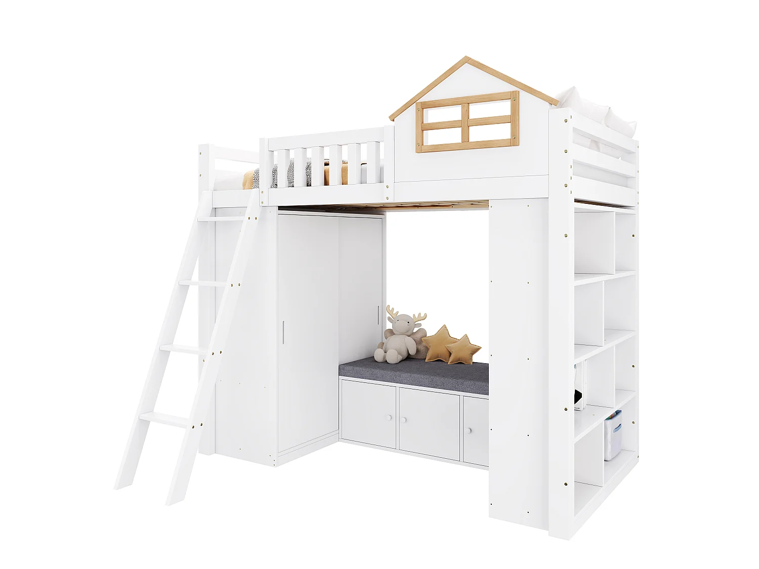 Lit mezzanine enfant 90x200 cm - avec échelle - avec armoire et étagère ouverte - banc avec rangement - Bois massif + MDF - Blanc (sans matelas)