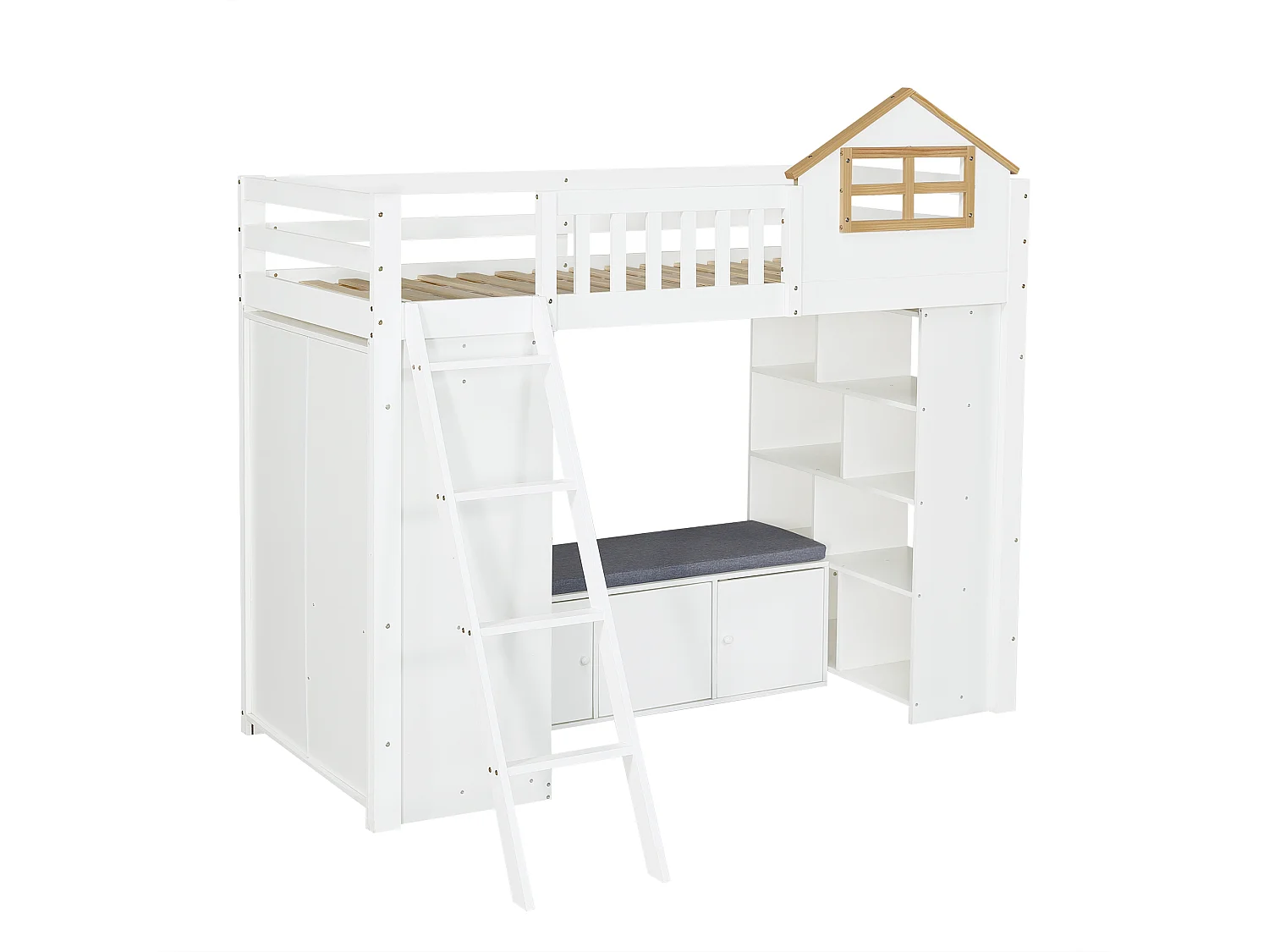 Lit mezzanine enfant 90x200 cm - avec échelle - avec armoire et étagère ouverte - banc avec rangement - Bois massif + MDF - Blanc (sans matelas)
